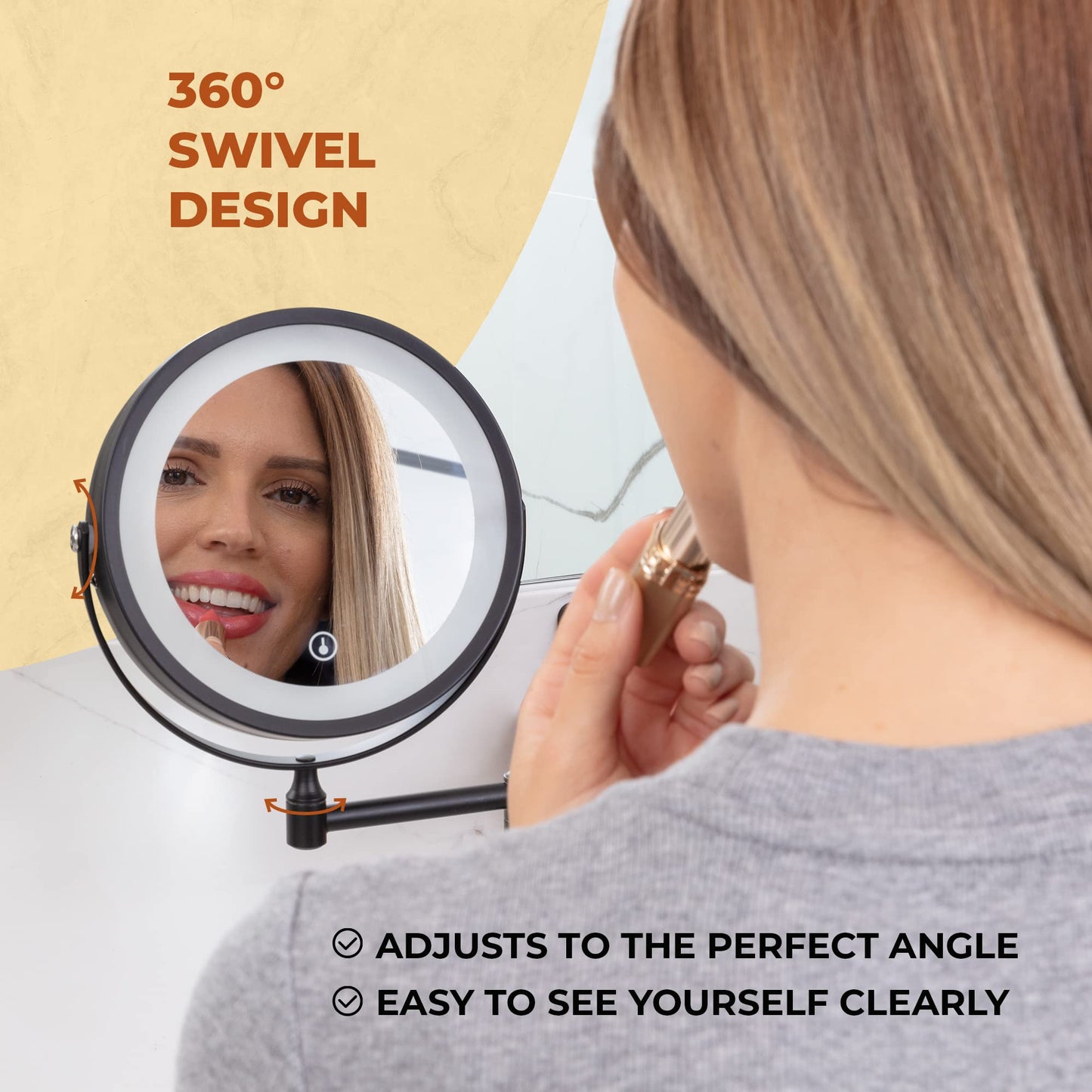Wall Mounted Lighted Makeup Mirror - Swing Arm Vanity Mirror with Lights and 10X Magnification for Bathroom - Includes Rechargeable LED Cable and Instruction Manual