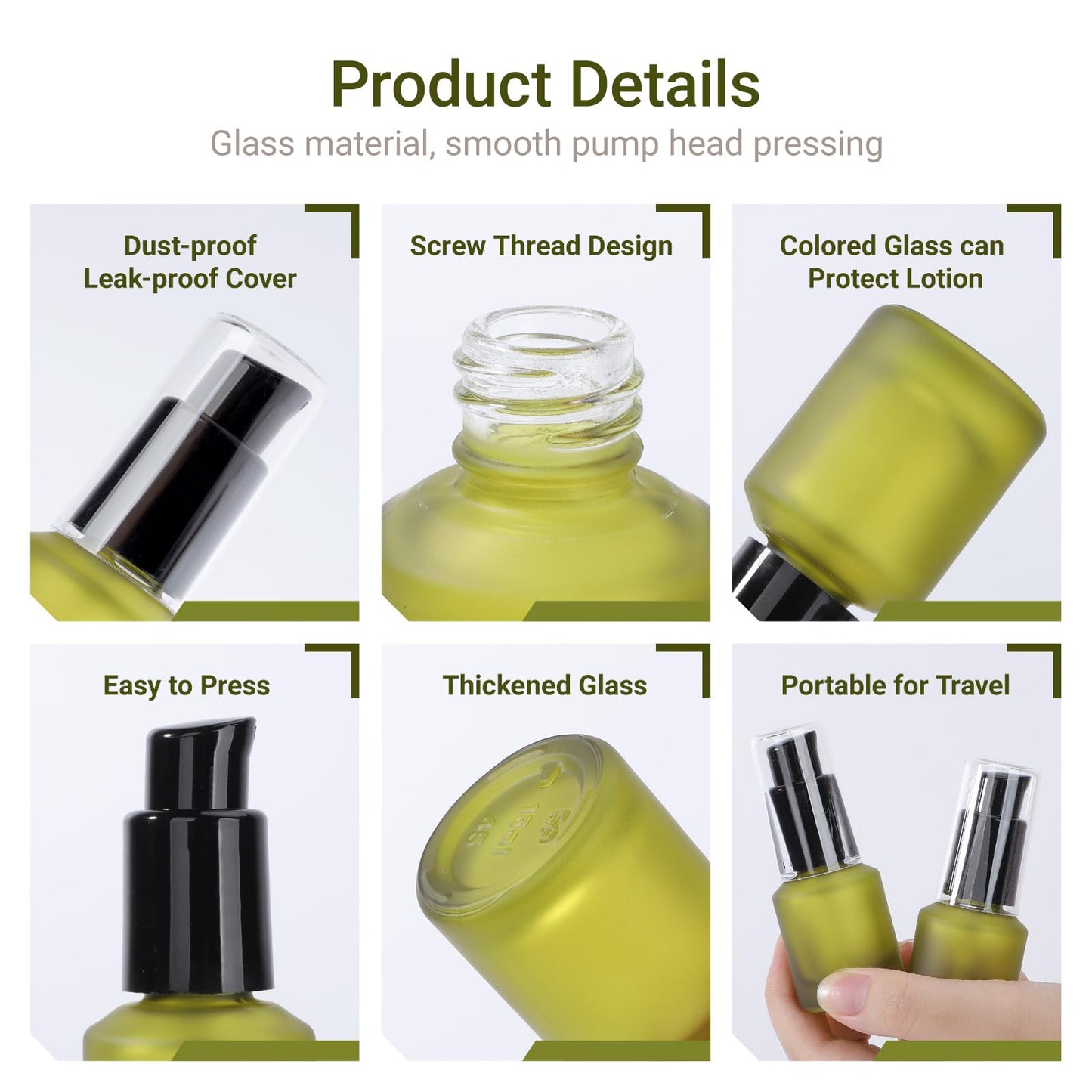Segbeauty 0.5oz Frosted Glass Travel Size Containers for Lotions, 3pcs Mini Empty Lotion Bottles Pump Dispenser Refillable, 15ml Green Travel Containers for Creams, Small Hair Oil Pump Bottle Liquids