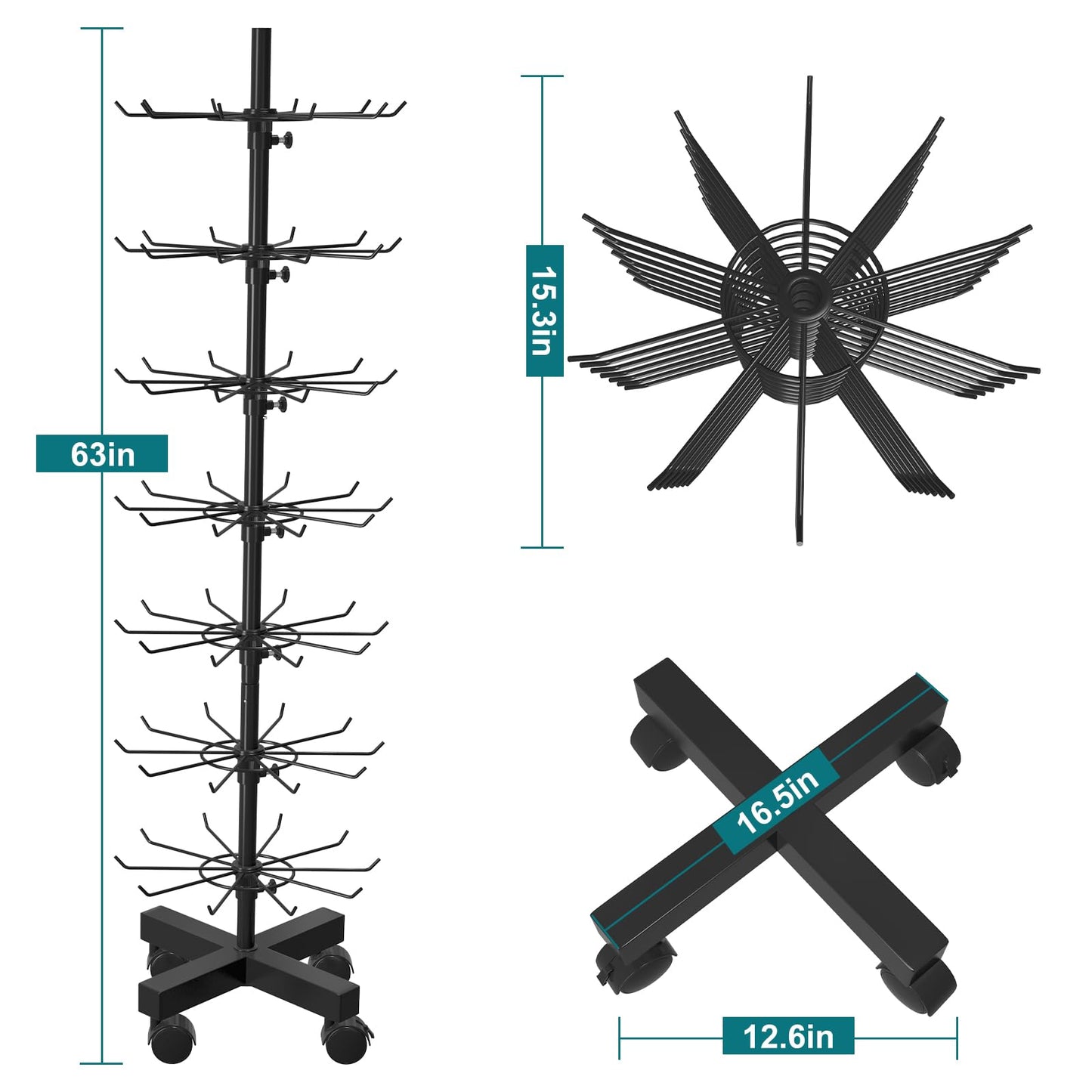 Cakokow Retail Rotating Display Stand 7 Tier, Display Rack with Hooks for Store Display Movable Shop, Display Spinner Stand for Snacks Jewelry Keyring Hats Socks Toys