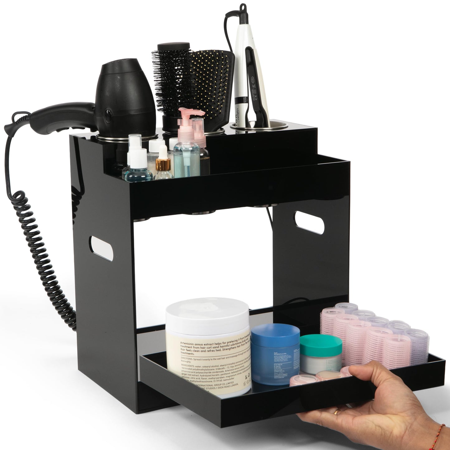 Hair Tool Organizer Countertop Extra Wide Bay | Bathroom & Hot Tools Organizer For Hair | Hairdryer Holder For Bathroom Vanity | Hot Tools Storage for Curling Iron Straightener, 3 Stainless Cups Black