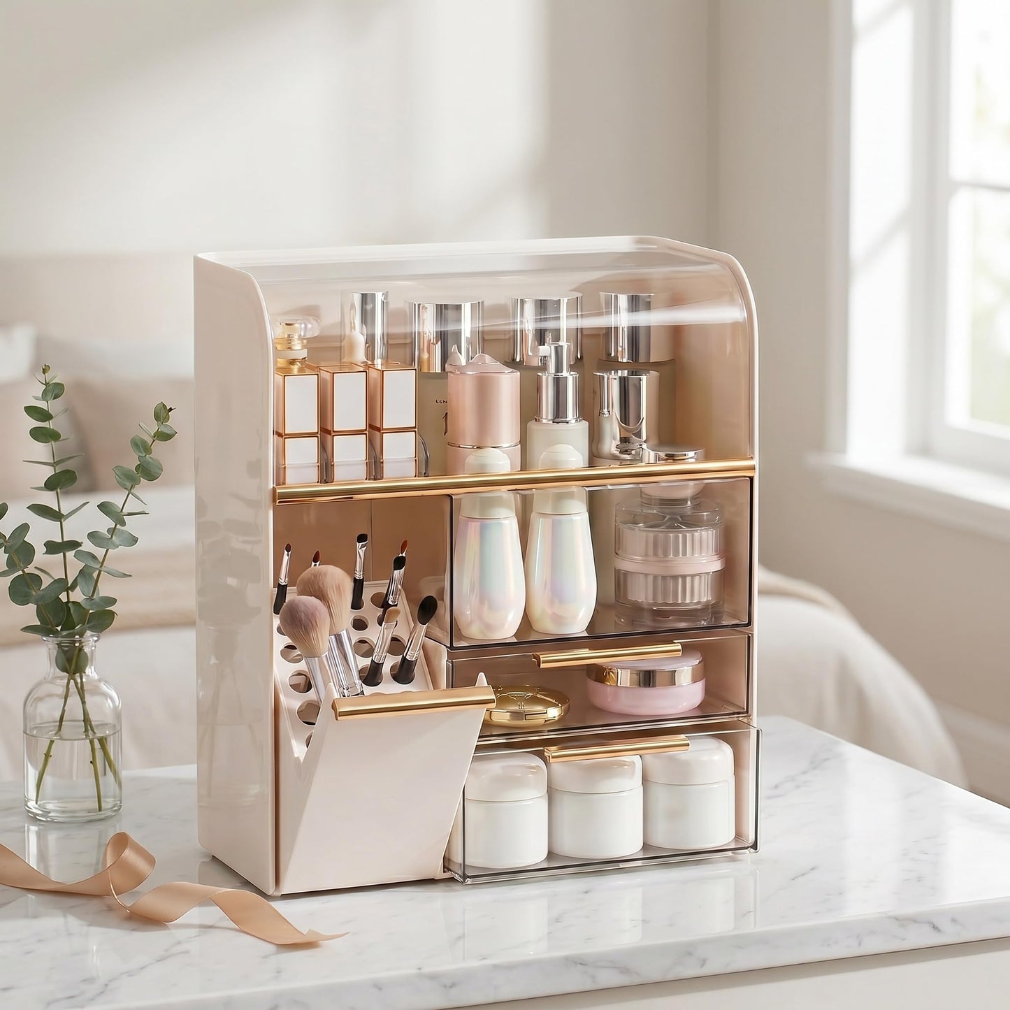 Large Cosmetic Display Case with Brush Holder,Holds 40+ Skincare & Beauty Essentials,6 Compartments & 2Drawers,Acrylic Makeup Dustproof Transparent Design