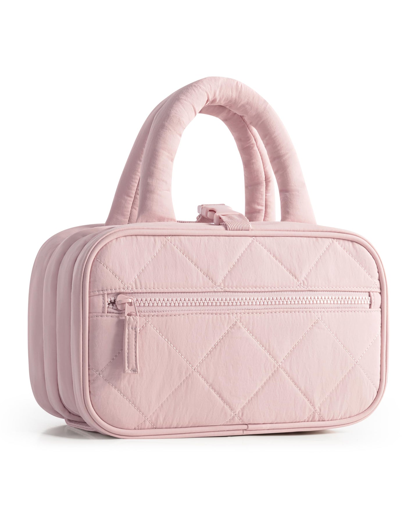 Marscamd Travel Toiletry Bag for Women with Hanging Hook, Puffy Makeup Organizer with Brushes Slots for Bathroom, Shower and Beauty Essentials, Pink