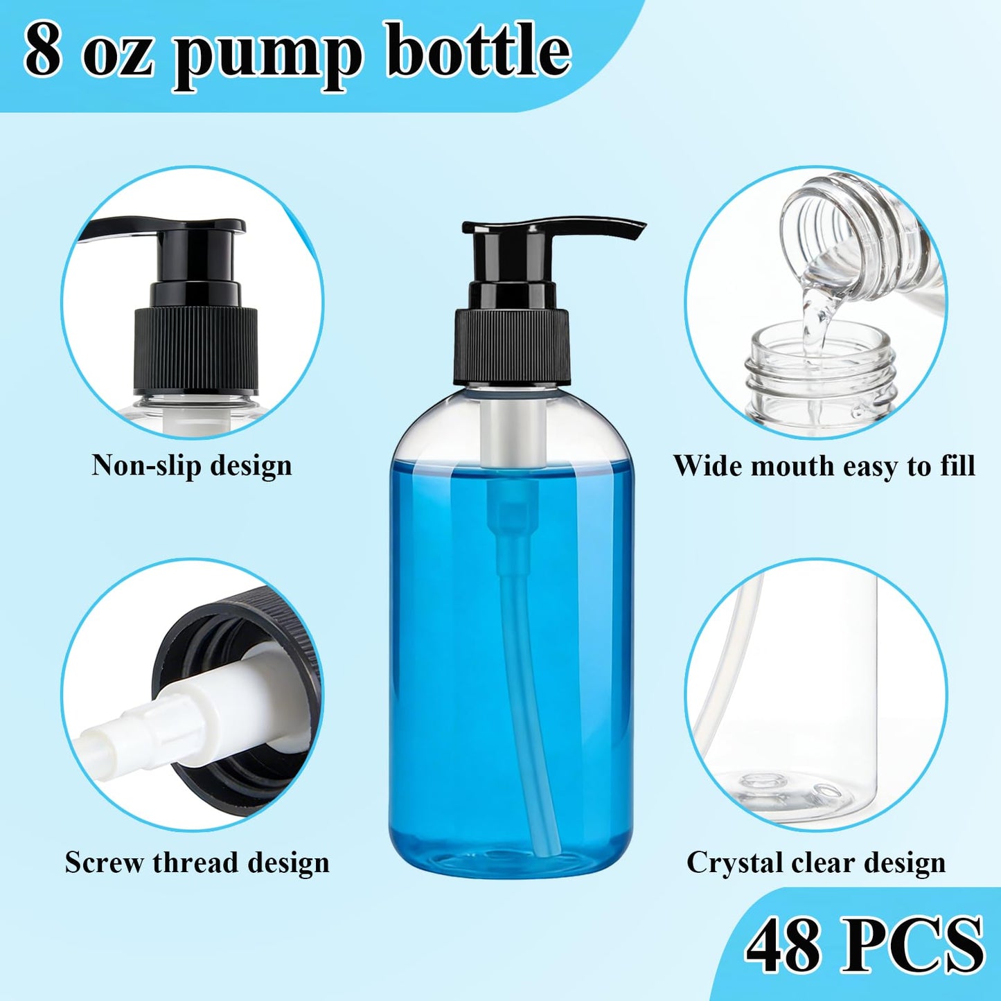 48 Pcs 8oz Empty Plastic Pump Bottle Dispenser Refillable Clear Travel Container for Shampoo Body Wash Lotion Liquid Hand Soap Essential Oil