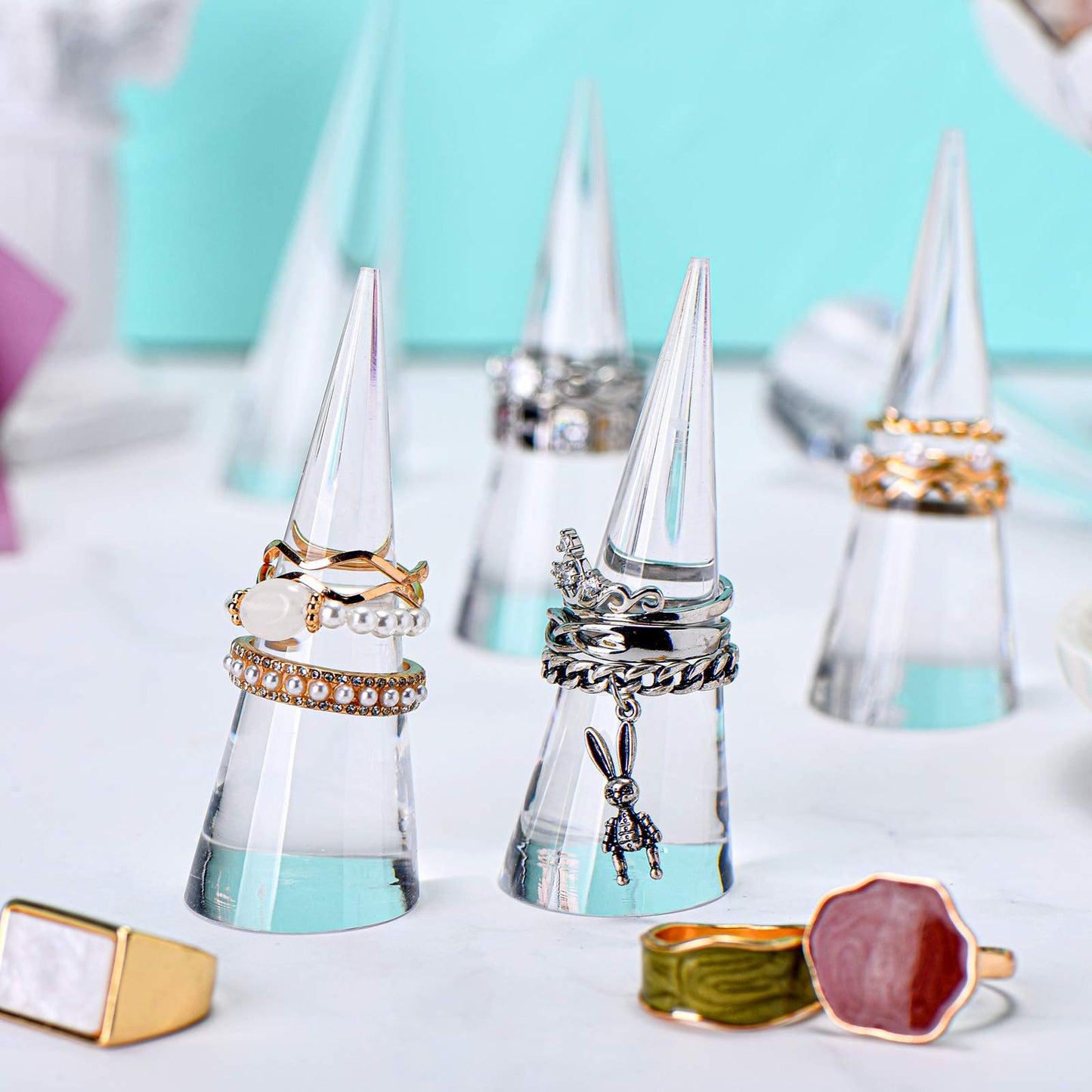 Jetec 10 Pieces Clear Acrylic Crystal Ring Holder Acrylic Ring Display Jewelry Holder Wedding Display Cone Support Single Finger Rings Showcase Stand for Jewelry (Transparent)