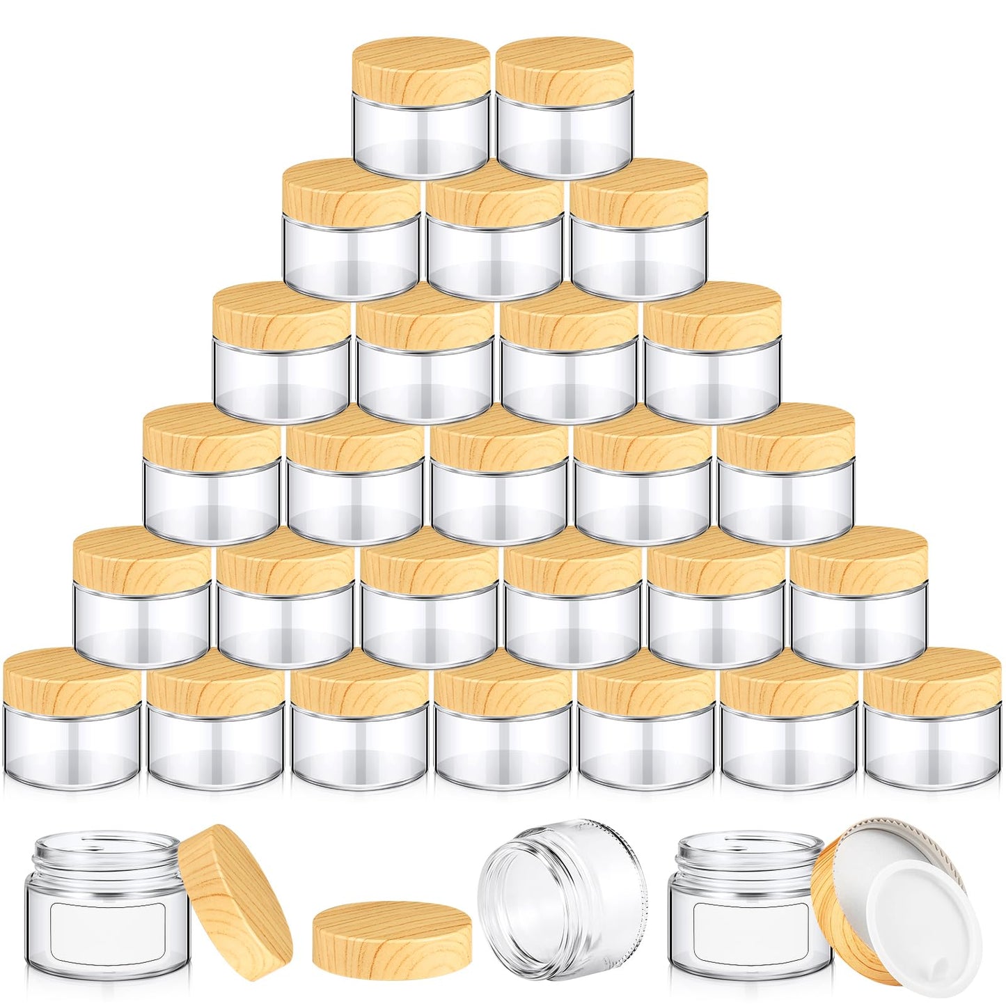 Layhit 48 Pcs 50 ml Cosmetic Glass Jars with Lids 1.69 oz Small Jars with Plastic Woodgrain Lids, White Labels and Inner Liners Empty Round Cosmetic Containers for Creams Lotions Powder