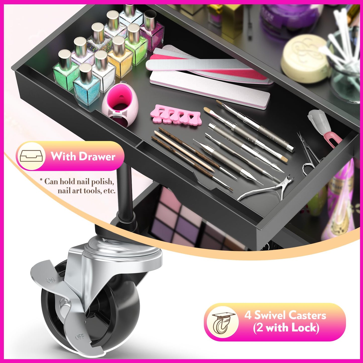 SUNALLY Makeup Cart Organizer with Drawers, Floor Skincare Organizers Vanity Storage Organizer, Rolling Makeup Bathroom Storage Cart Cosmetics Display Cases for Skin Care Perfume Nail Polish, Black