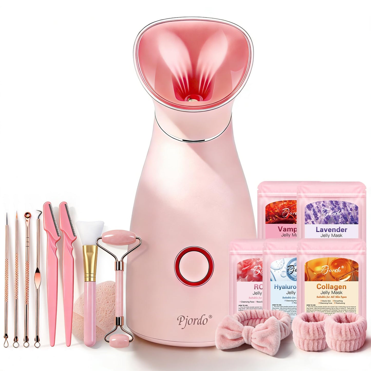 Pjordo Facial Steamer Spa Kit, 12 Skin Care Tools & 5 Jelly Mask Powder, Nano Ionic Steamer for Facial Deep Cleaning Unclog Pores Sinuses, Warm Mist Humidifier for Home SPA, Self Care Gifts for Women