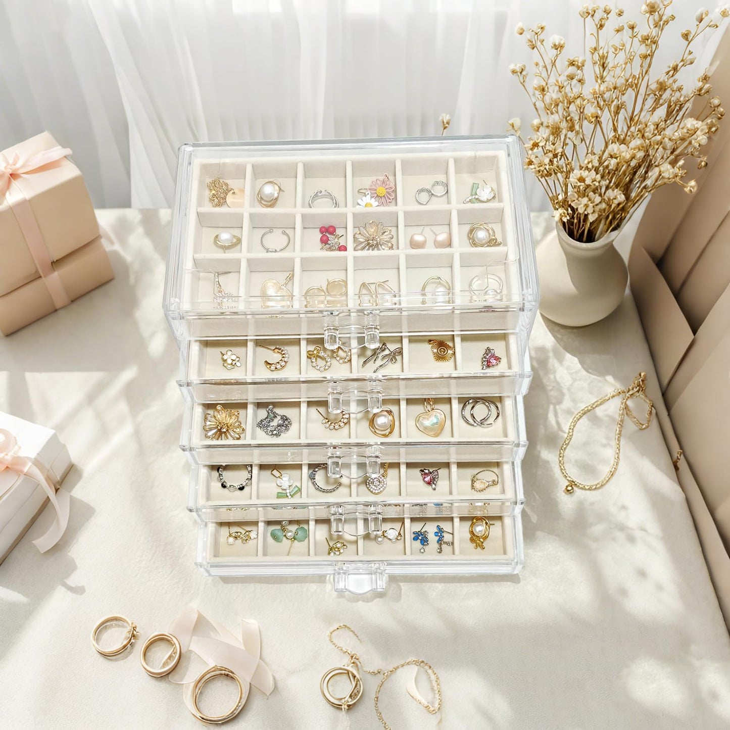 HOUKANWE Acrylic Earring Holder Organizer with 5 Drawers Clear Earring Organizer Box with 90 Adjustable Grids Velvet Earring Display Case Jewelry Organizer for Earrings Rings Studs (Beige)