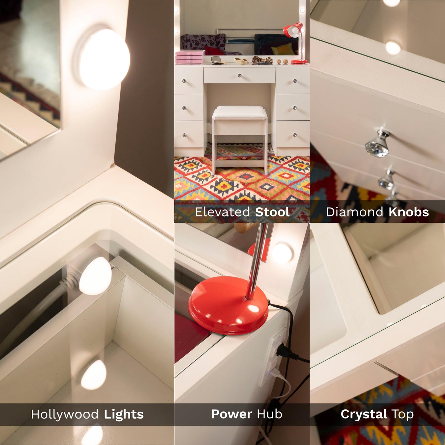 Boahaus Nova Vanity Desk with Framed Bulb Mirror & Stool – 7 Drawer Integrated Makeup Station