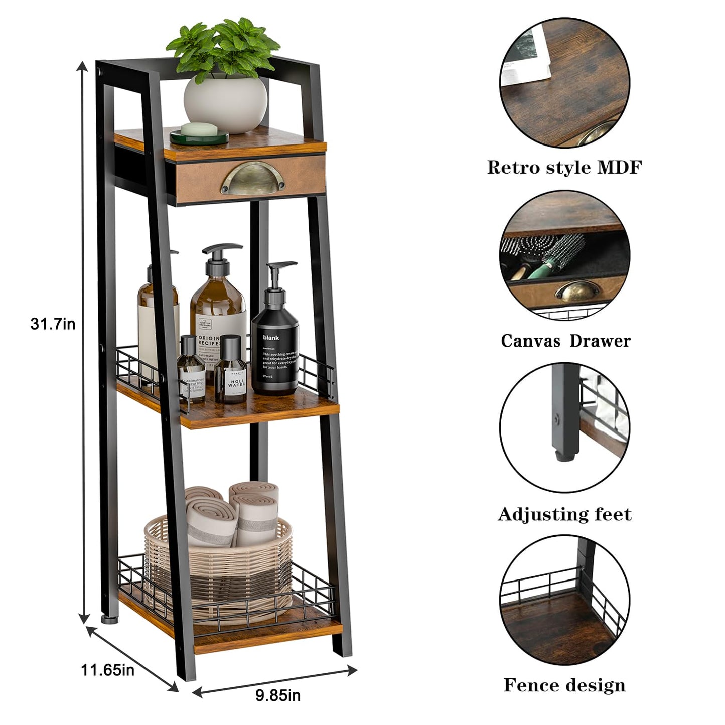 keomaisyto 3-Tier Narrow Bathroom Shelves with Drawer, Bathroom Organizers and Storage, Open Floor Ladder Shelf, Freestanding Tower Slim Standing Unit for Small Spaces - Rustic Brown