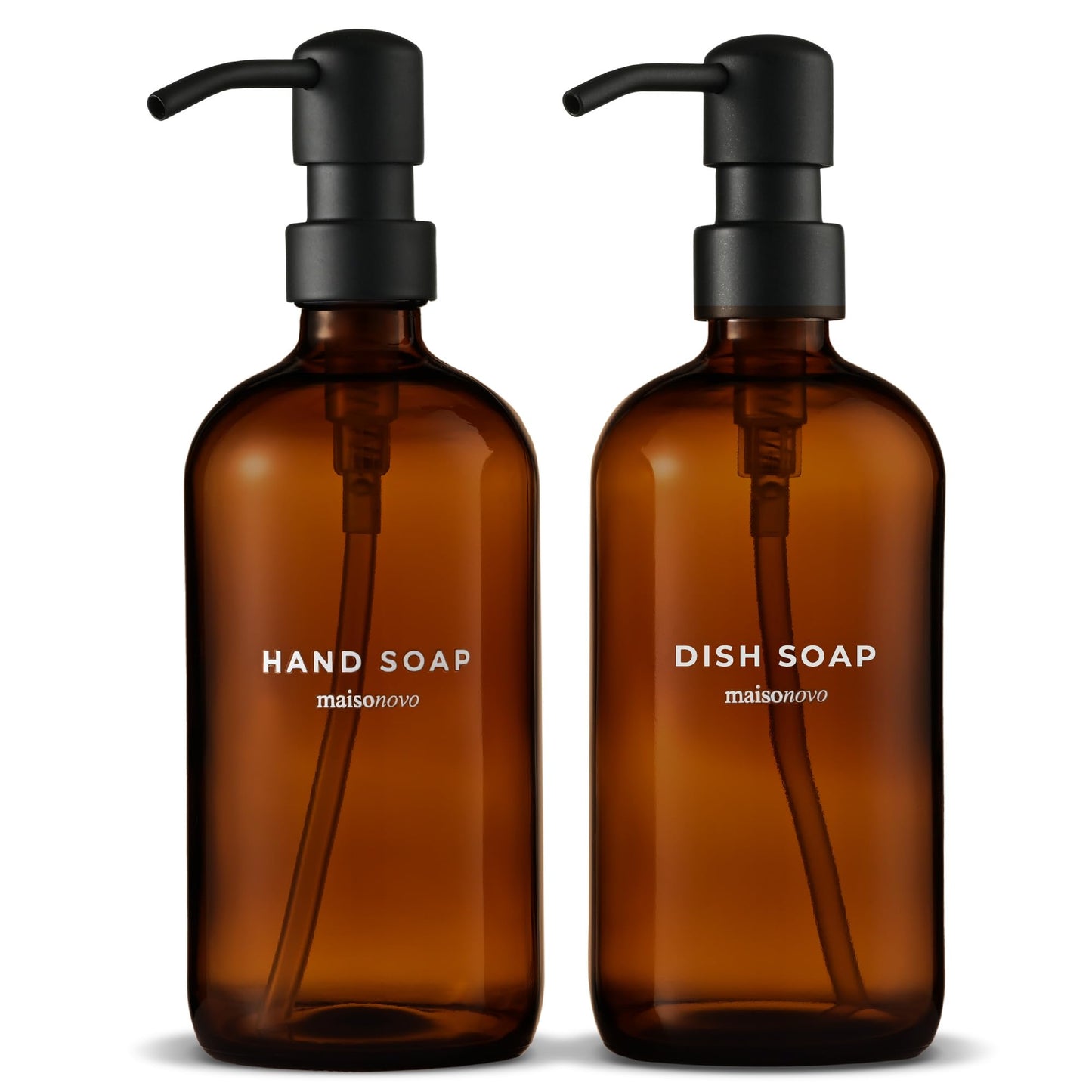MaisoNovo Soap Dispenser 2-Piece Set | 16.9oz Amber Bottles with Black Plastic Pumps