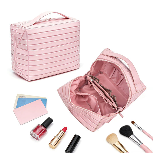 Slxypater Large Travel Makeup Bag,Foldable Makeup Bag Case,Waterproof Organizer Bags Large Capacity Flat Cosmetic Case with Compartments for Women Skincare, Pink Toiletries