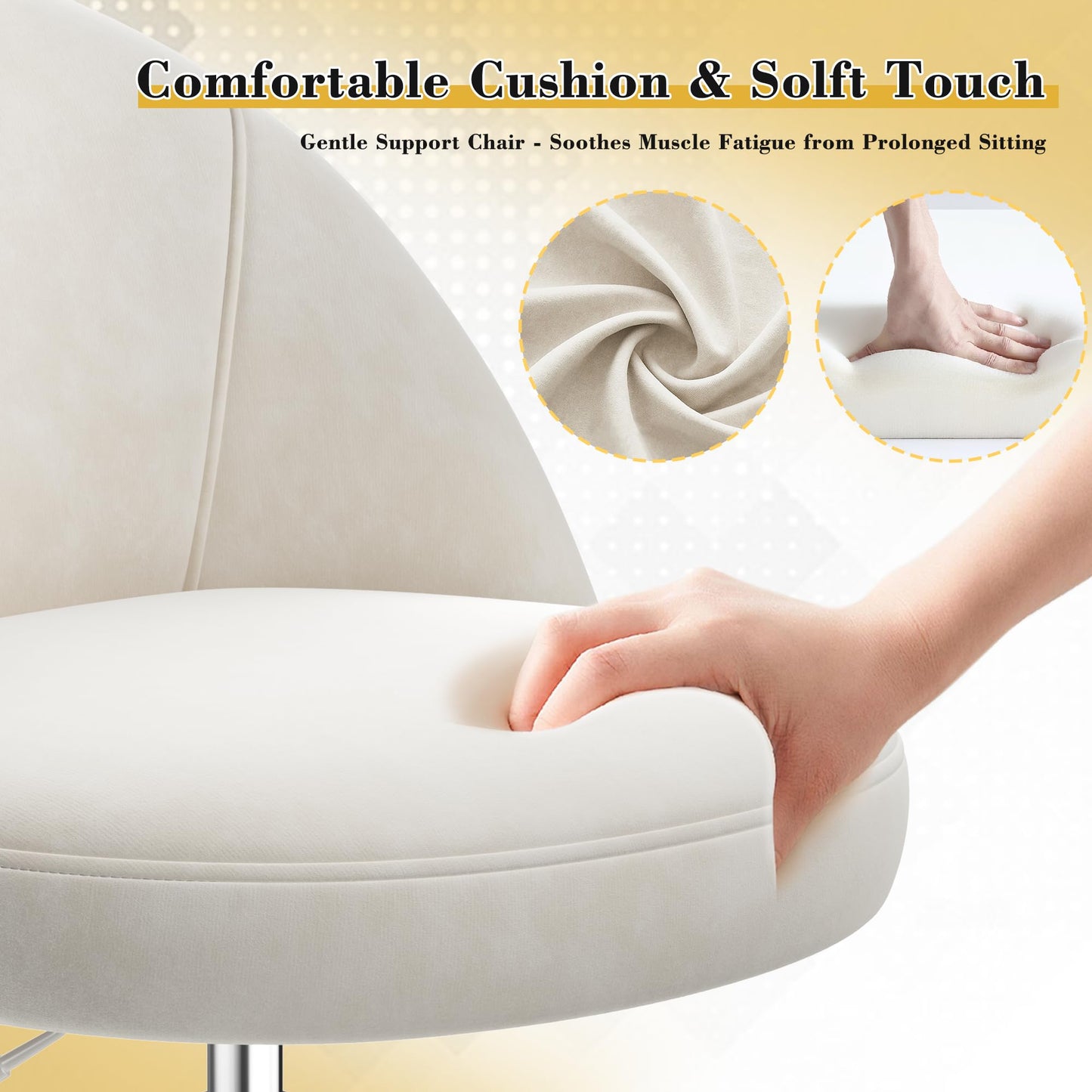 EnHomee Velvet Vanity Chair with Wheels – Armless Swivel Desk Chair, Height Adjustable, Curved Lumbar Back Support, Rolling Task Chair for Makeup Vanity, Home Office & Young Teen Bedroom, Cream White