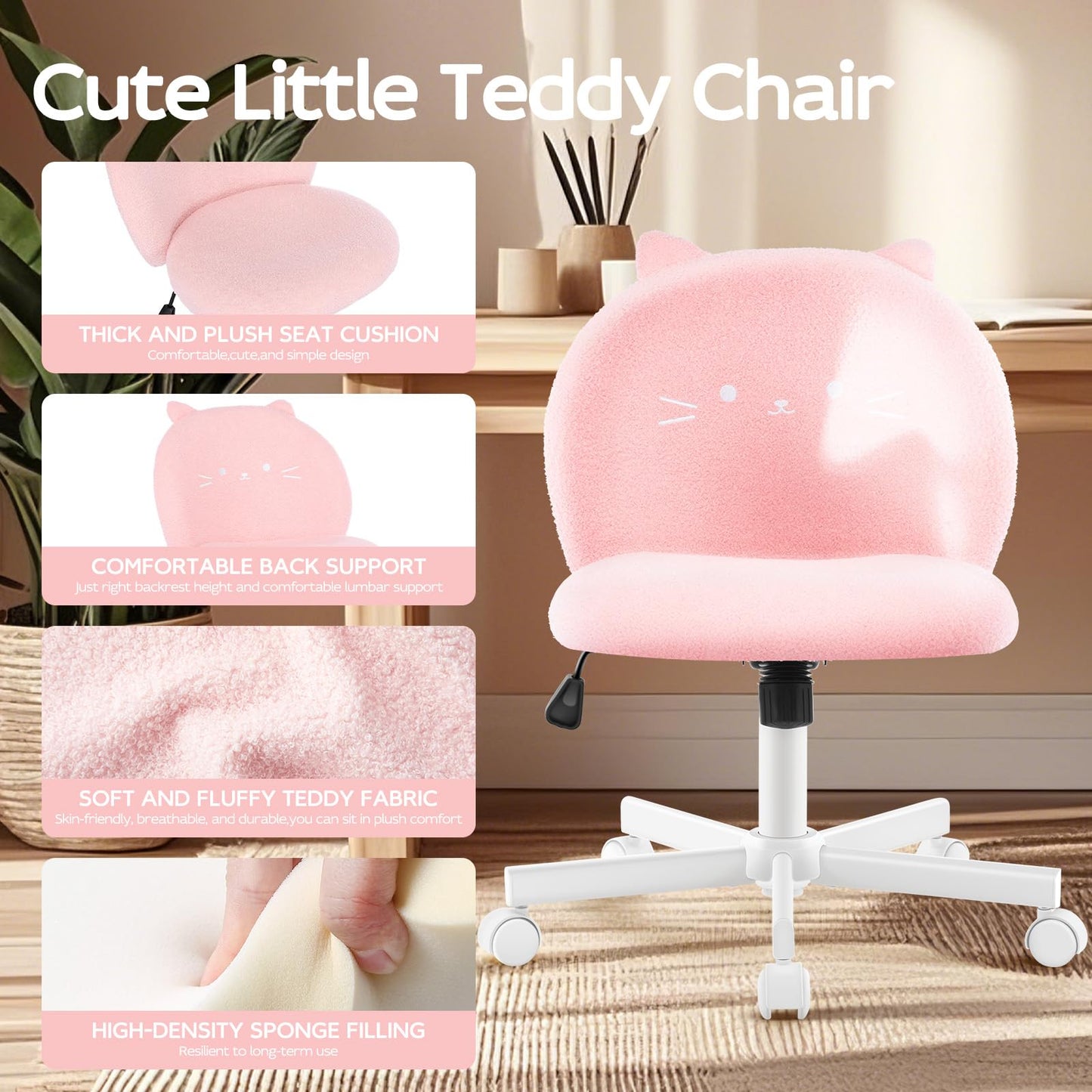 Morkprism Vanity Chair with Cat Back,Armless Desk Chair Cute Small Office Chair,Teddy Fabric Computer Chair with Adjustable Height,120°Tilting,Rolling,Swivel for Vanity,Kids Room,Office,Bedroom Pink