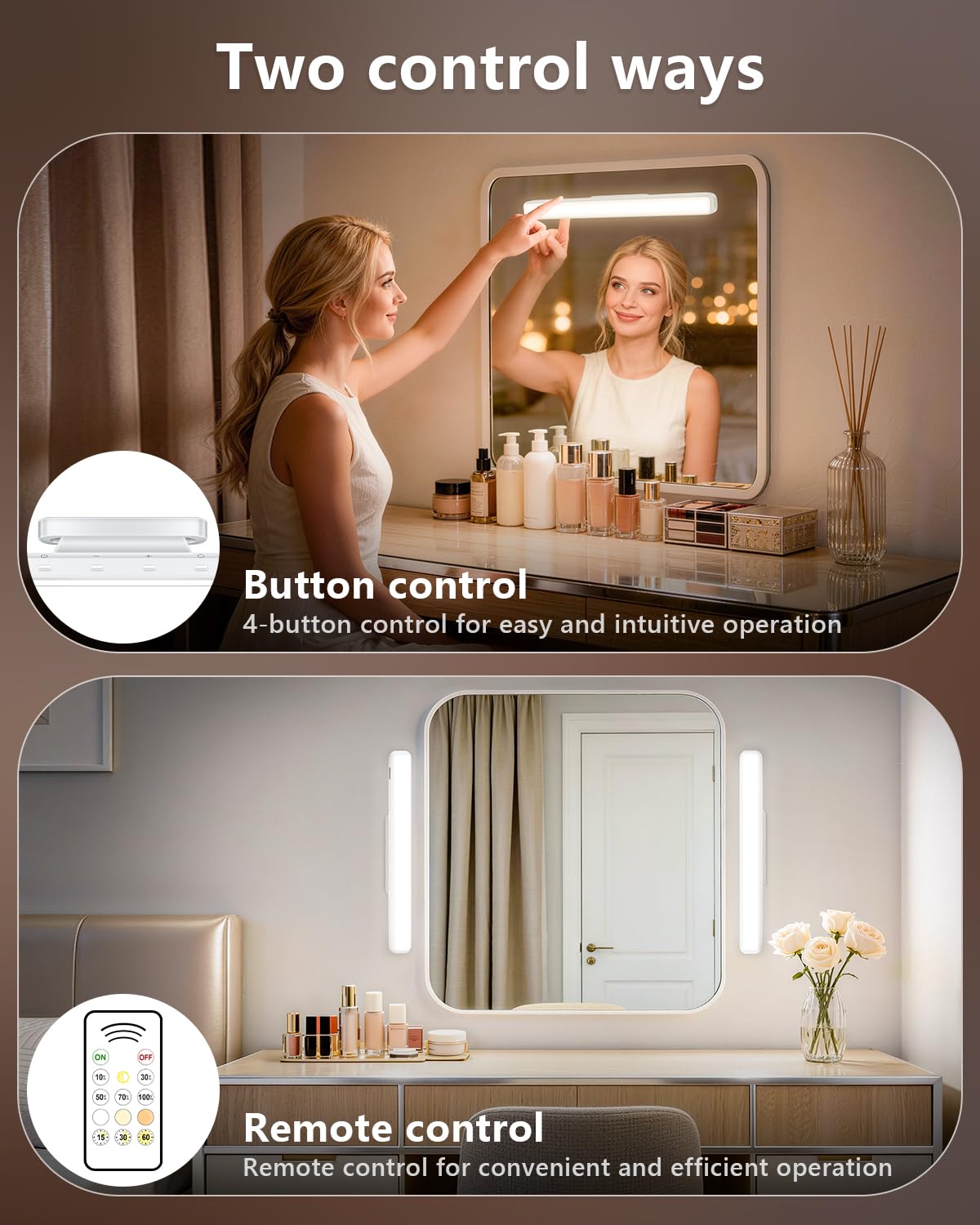WILLED 5W Mirror Lights with Remote Control,Eye-Friendly Vanity Lights Stick on,Adjustable Color Temperatures Makeup Light with Battery Level Display,Rechargeable Light bar for Bathroom(2 Pack)