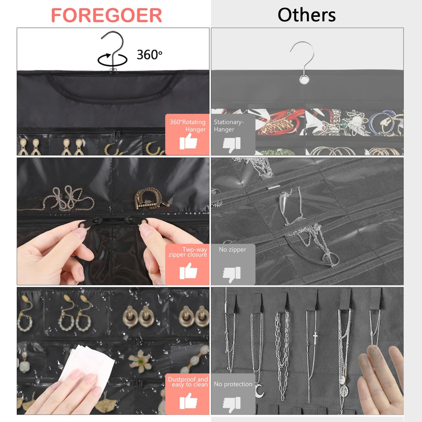 FOREGOER Hanging Jewelry Organizer Storage Roll 88 Zippered Pockets,Dustproof Foldable for Travel,Double-Sided Accessories Organizer Holder for Earring Necklace Ring on Closet Wall Door(Black,1 Pack)