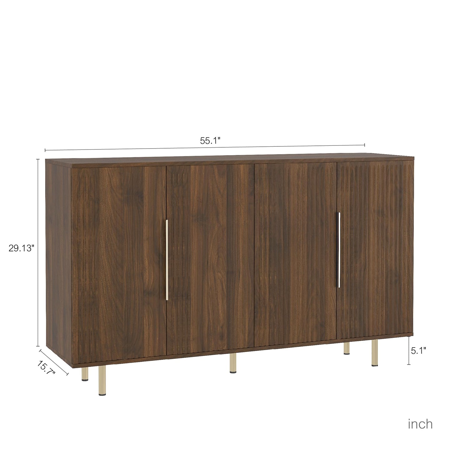 QJZLXKYT Sideboard Cabinet, 56" Large Buffet Cabinet with Storage, Wood Credenza Storage Cabinet with 4 Fluted Decorative Doors and Adjustable Shelves, for Living Room, Kitchen, Entryway, Walnut