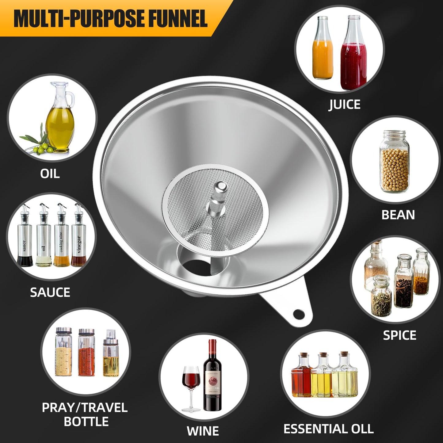 Nomatox 3 Pack Stainless Steel Kitchen Funnel Set,funnels for Kitchen use Filling Bottles, 2 Size Spouts Funnel and Strainer for Filling Different Bottles and Bags