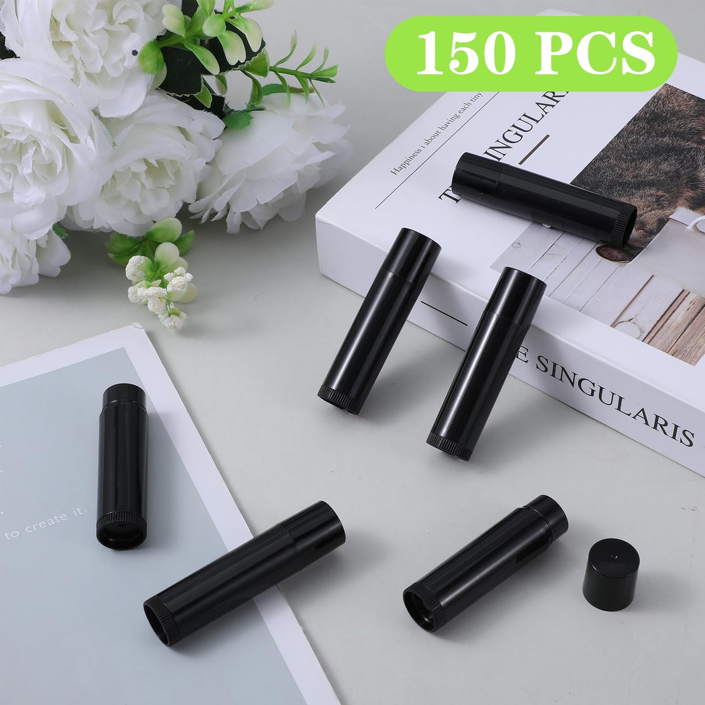 150 Packs Black Plastic Lip Balm Tubes 5ml/5g Black Lip Balm Containers, Tubes Empty with Filling Tray and Spatula, Rotating Type Refill Lips with Cap for DIY
