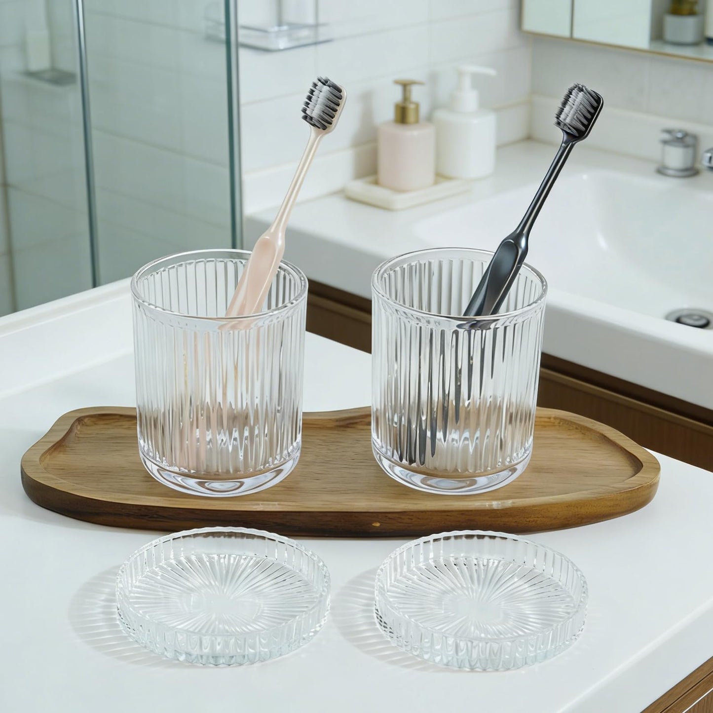Jollyhilan 2 Pack Glass Container Qtip Holder with Lid, Mouthwash Cup,Cosmetic Storage for Bathroom,Glass Jars for Cotton Swabs,Makeup Pads,Dental Flossers,Jewelry Trays,Glass holders,Clear