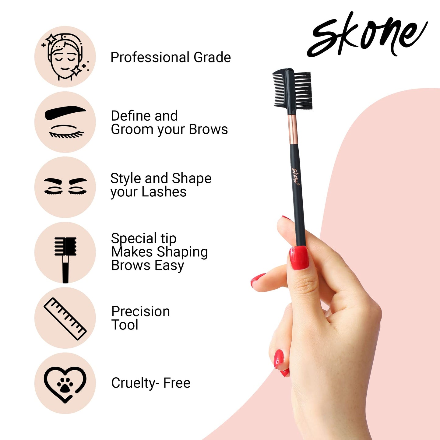 Skone Cosmetics Eyebrow Brush and Comb, Luxe Premium Rose Gold Eyelash Brush and Eyelash Comb - Professional Grade Nylon Eye Brow Brush Comb, Dual Sided Eyelash Brush Separator
