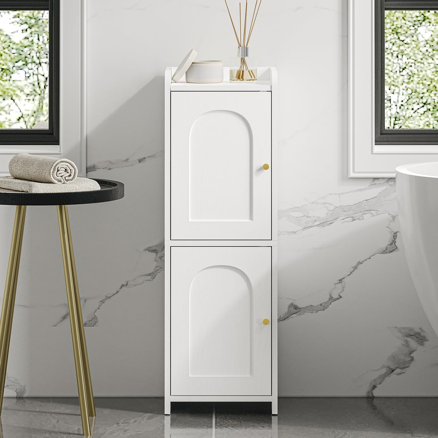 Hzuaneri Bathroom Storage Cabinet, Small Corner Floor Cabinet with 2 Doors and Adjustable Shelf, Narrow Toilet Paper Cabinets, Bathroom Organizer for Small Spaces, 7.9" D x 9.8" W x 29.5" H White