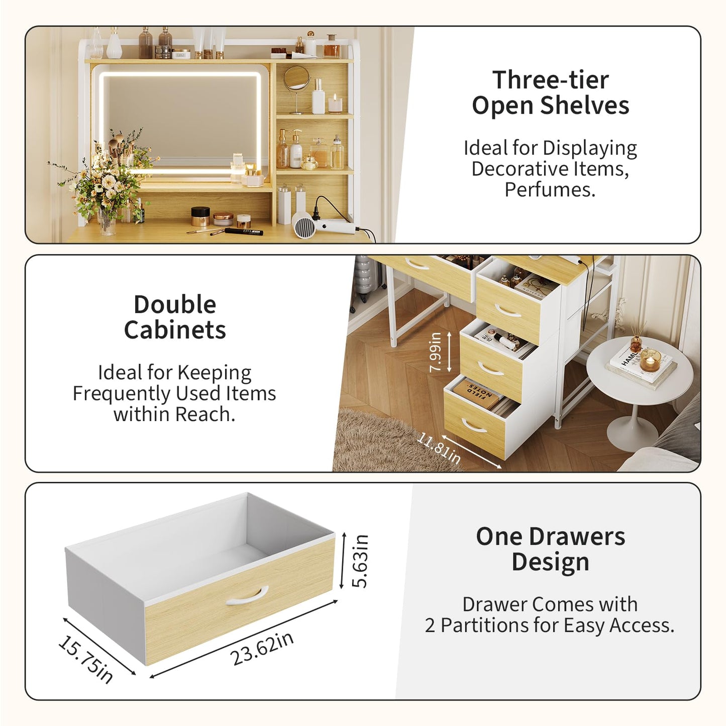 Garvee Vanity Desk with Square Mirror, 35.4” Makeup Vanity Table with Shelves, 4 Fabric Drawers Storage, Modern Dressing Table for Bedroom, Gift for Girls