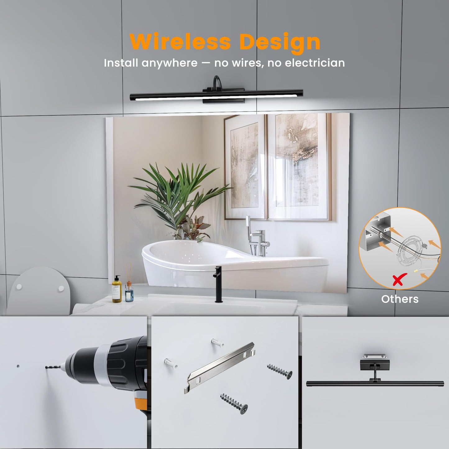 Kryoza Bathroom Vanity Light Wireless Rechargeable Black 24 inch Black