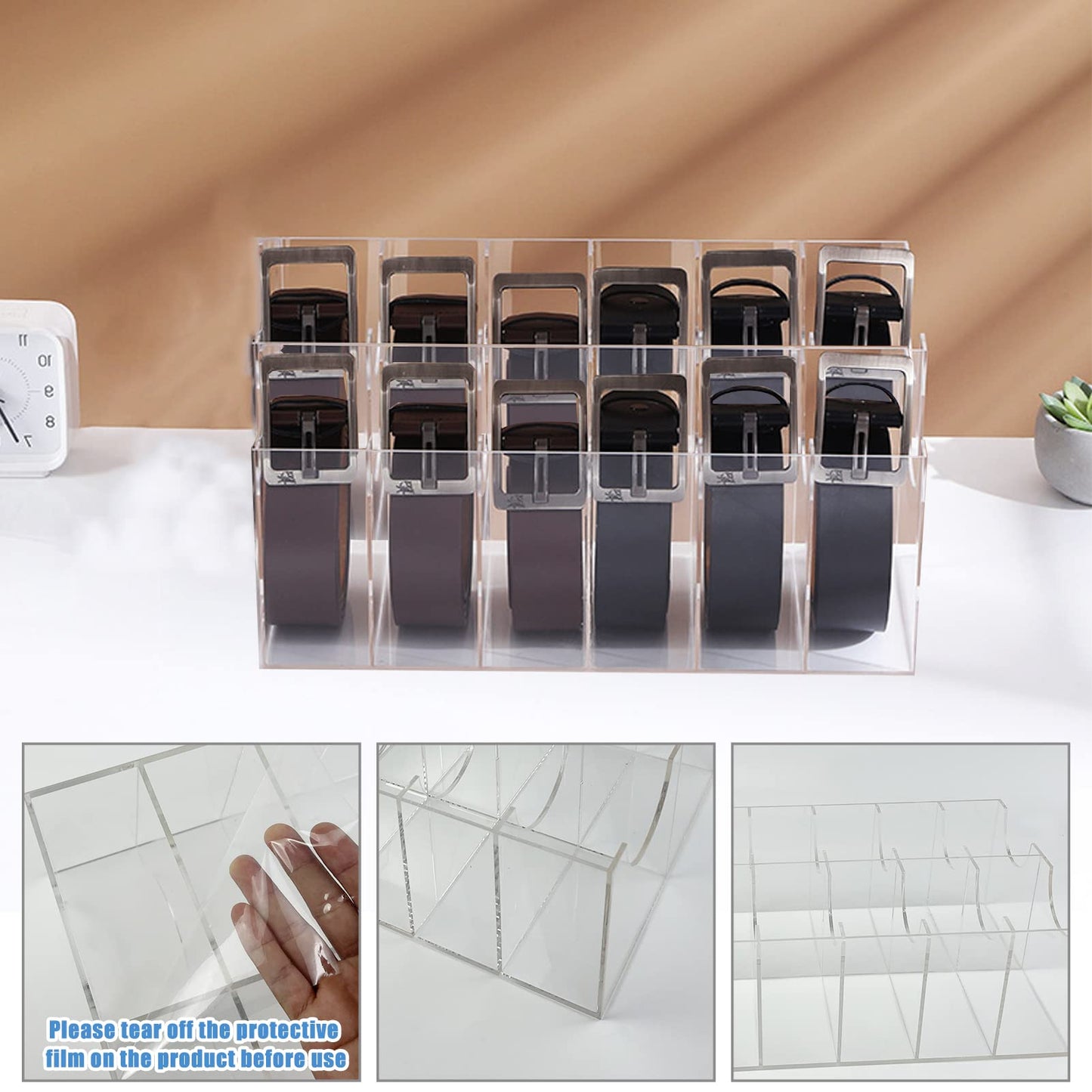 Hlimior Belt Organizer, Acrylic 12 Compartments Belt Container Storage Holder, Acrylic Belt Display Storage Box, Clear Belt Display Case for Closet Tie and Bow Watch Jewelry Bracelets Ring Cosmetic…