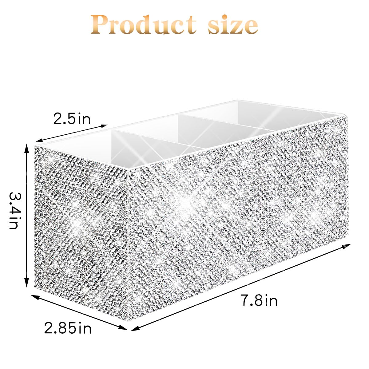 Bling Makeup Brush Holder Organizer, 3 Slot Sparkle Cosmetics Brushes Storage Holders with Shiny Rhinestones, Glitter Cute Pen and Pencil Holder for Desk, Eyeliners Display Case for Vanity（White）