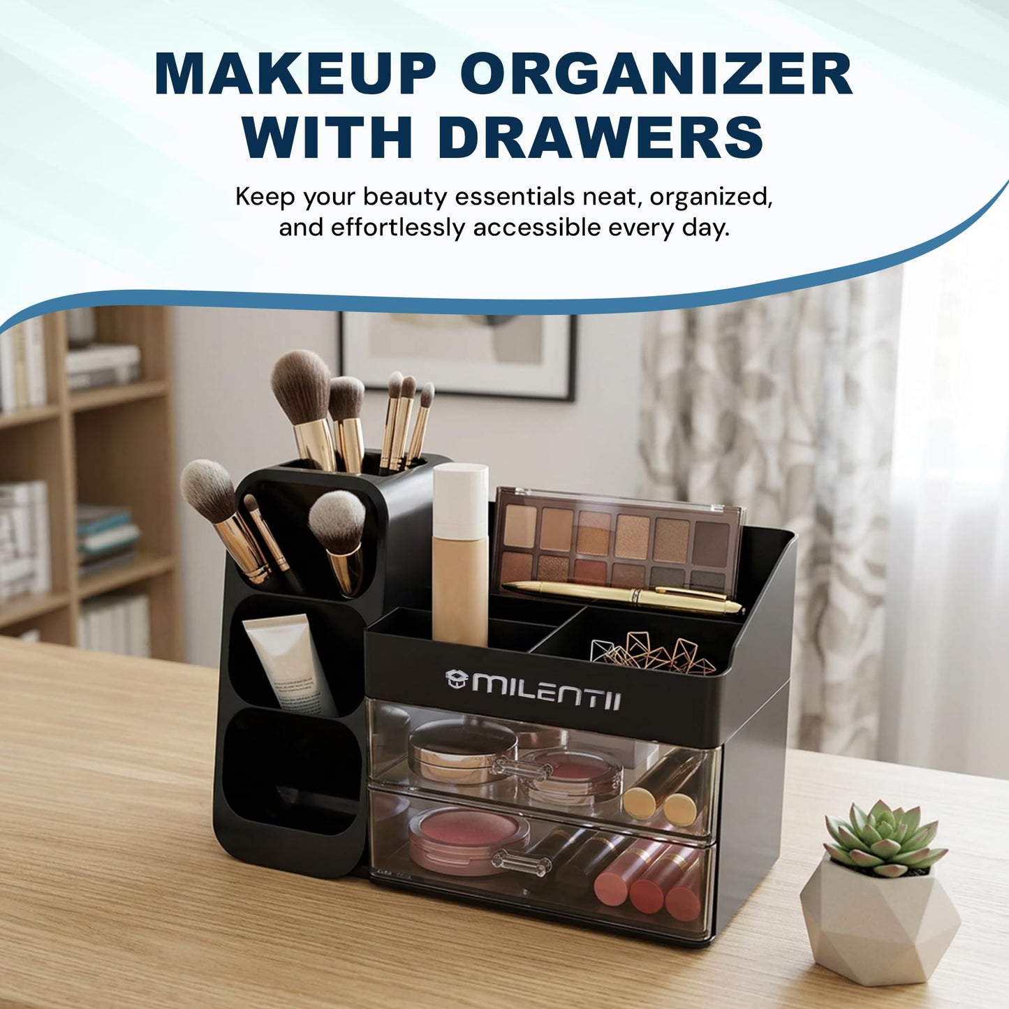MILENTII Makeup Organizer with Drawers, Large Capacity Cosmetic & Skincare Storage Box, Countertop Vanity Organizer for Bathroom, Bedroom & Dresser, ABS Plastic Makeup Storage Organizer, Black