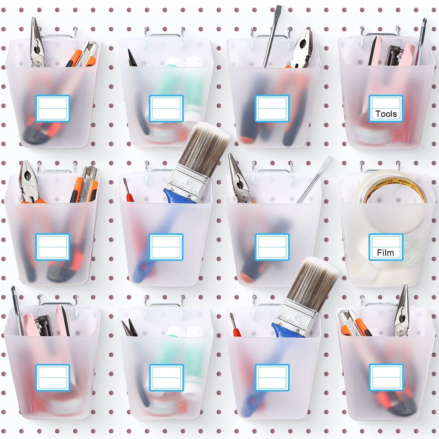 Namalu 12 Pack Pegboard Storage Bins with Labels and Hooks Bulk Peg Board Organizer Accessories Hanging Cup Organizer Pegboard Cup Holder(Transparent)