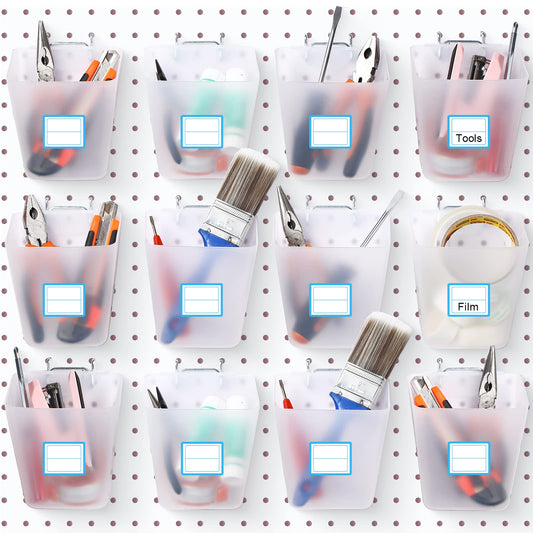 Namalu 12 Pack Pegboard Storage Bins with Labels and Hooks Bulk Peg Board Organizer Accessories Hanging Cup Organizer Pegboard Cup Holder(Transparent)