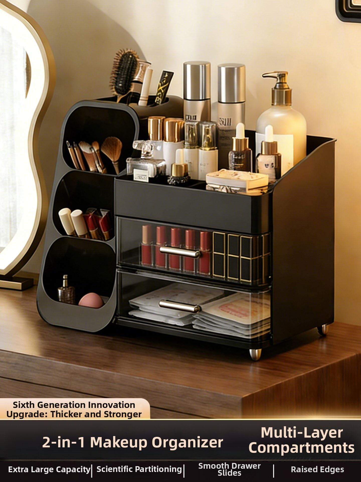 Large Makeup Organizer with Drawers,Multifunctional Multi-Compartment Storage Box,Cosmetic Display Case for Dresser Countertop & Bathroom Vanity,Black