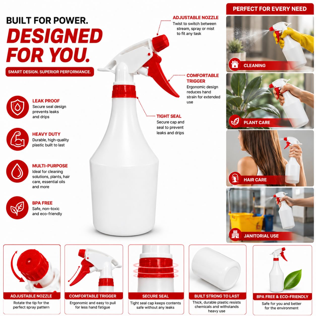 Plastic Spray Bottle, 3 Pack, 32 Oz with Adjustable Nozzle, Heavy Duty Leak Proof Mist Empty Water Bottle Sprayer for Cleaning, Chemicals, Hair, Planting & All-Purpose Use - (Red)