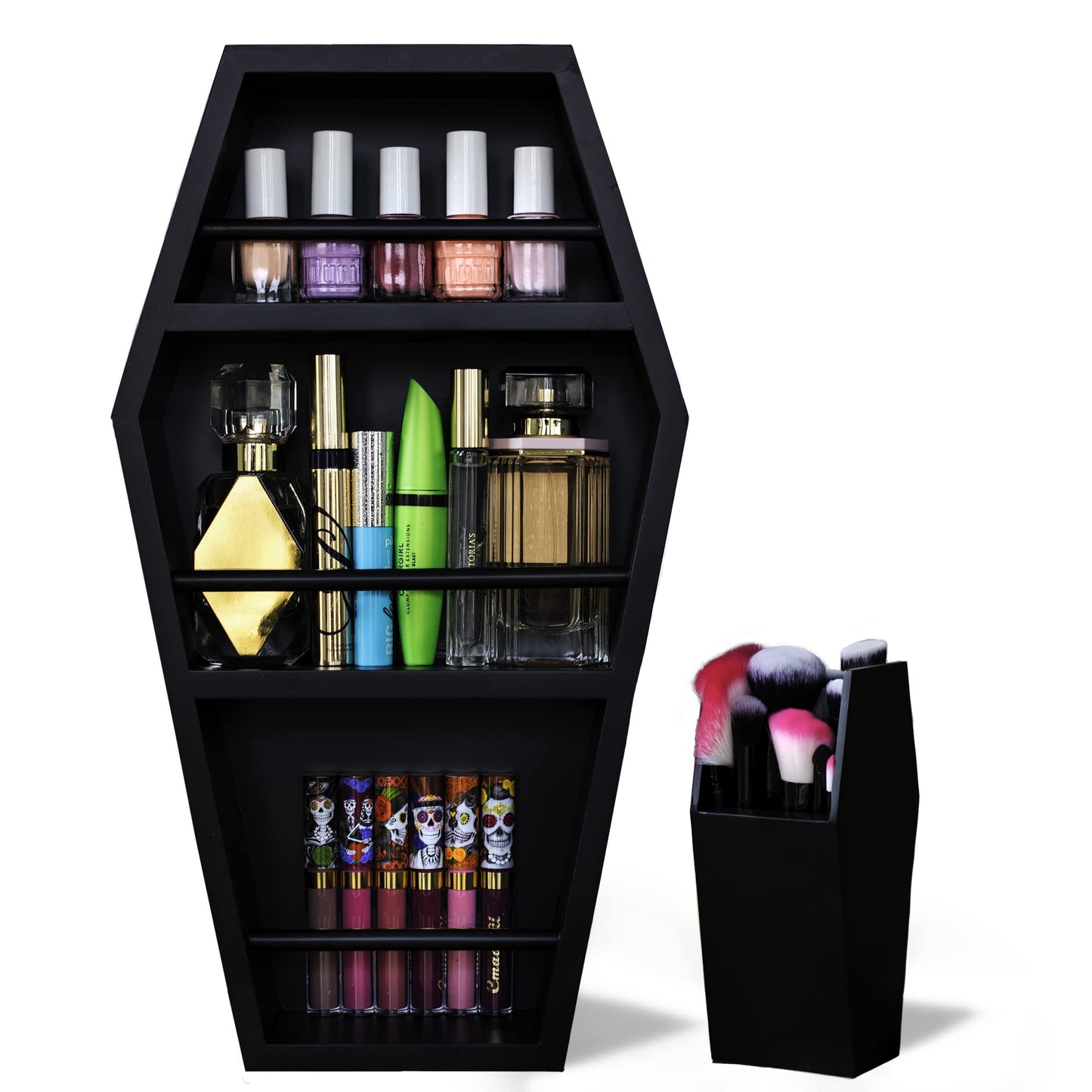 EpicGifts Goth Makeup Shelf - 3 Shelf Standing or Floating Wall Coffin, Makeup Brush Holder (Black)