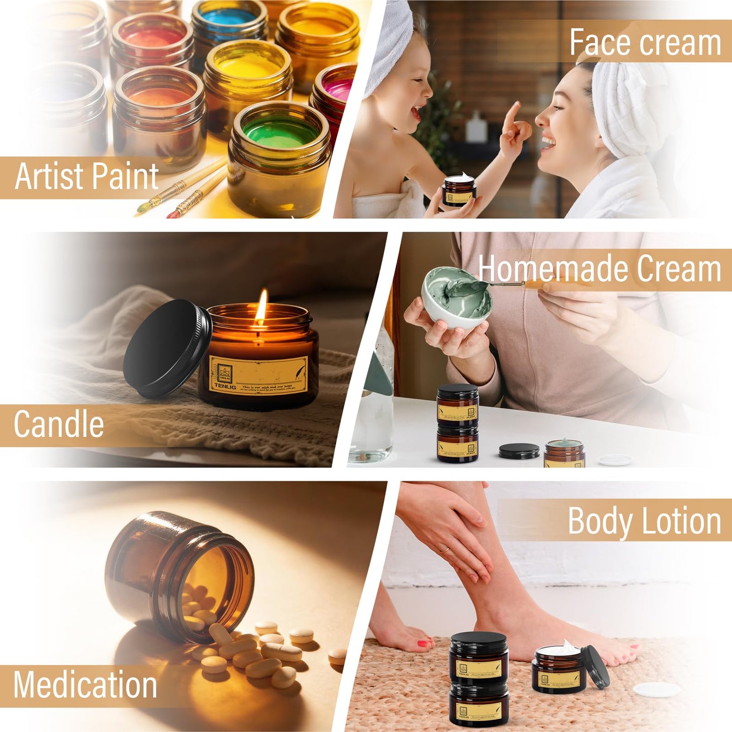 TENLIG 2 oz Glass Jars with Lids,Amber,12 Pack Empty Cosmetic Containers with Inner lids and Inner Liners,Black Metal Lid,Refillable Round Airtight Jars,Use to store Lotion,Powders,Candle Making