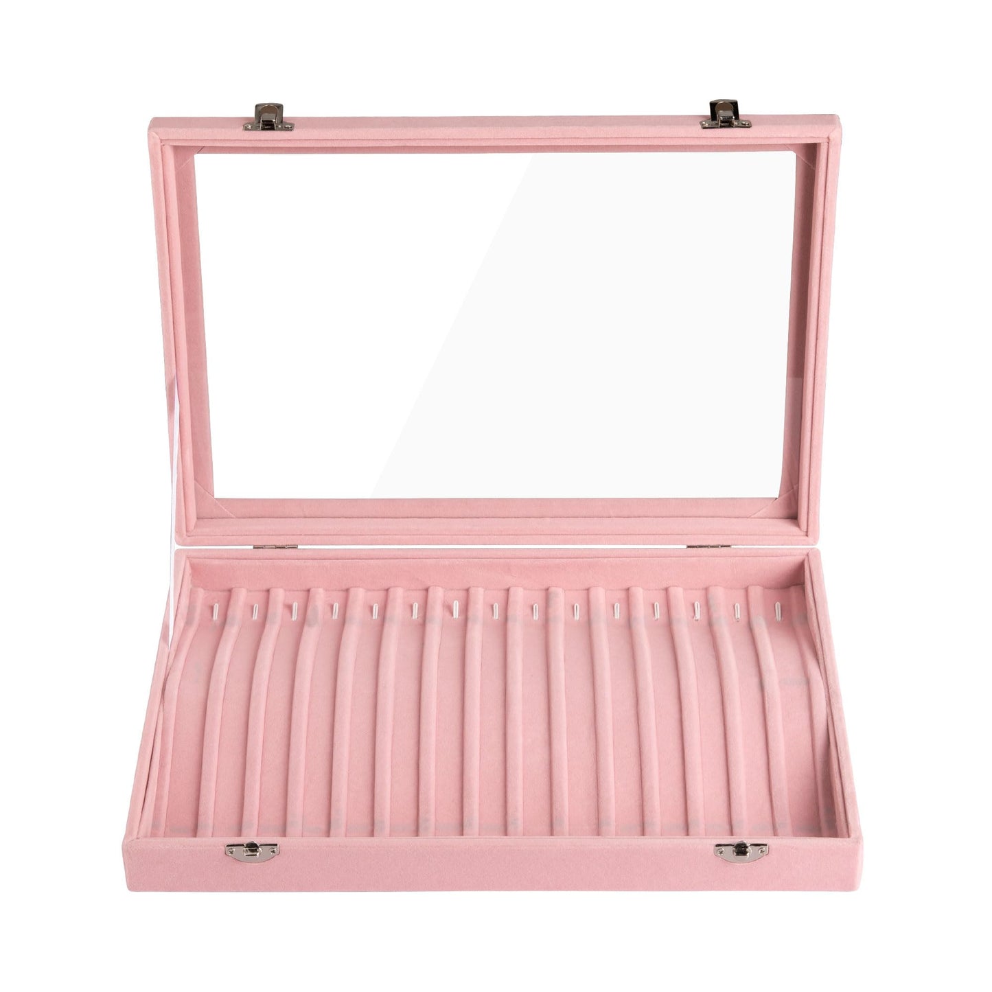 Frebeauty 15 Hooks Necklace Tray Velvet Neckalce Organizer with Clear Lid Lockable Necklace Holder Box Jewelry Organizer for Pendants Chains Necklace Jeweley Tray for Women Girls(Pink)