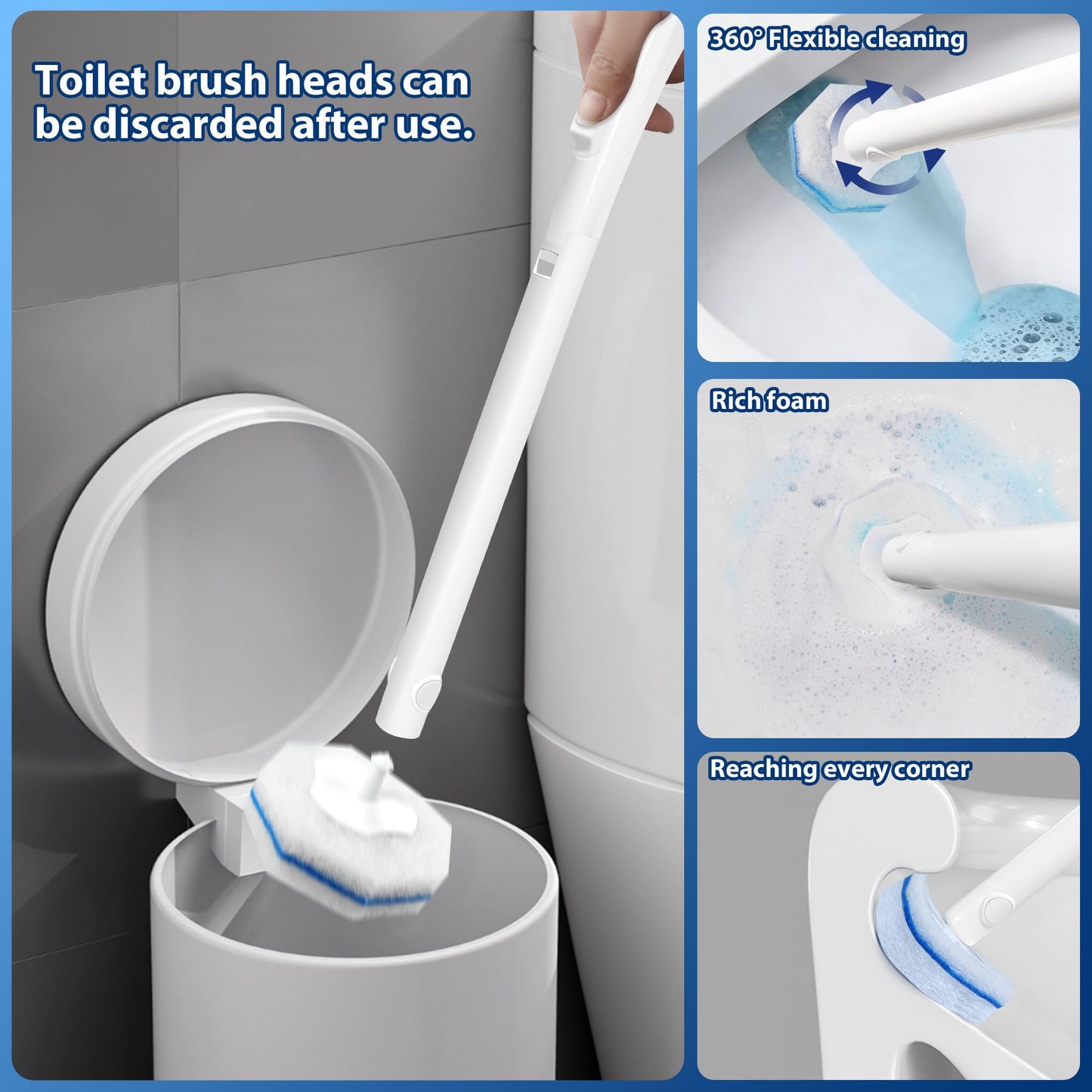 2 Pack Disposable Toilet Brush with 60 Refills, Wall Mounted Toilet Bowl Cleaner Wand Kit and Holder, Bathroom Cleaning Supplies, Toilet Scrubber Disposable Heads
