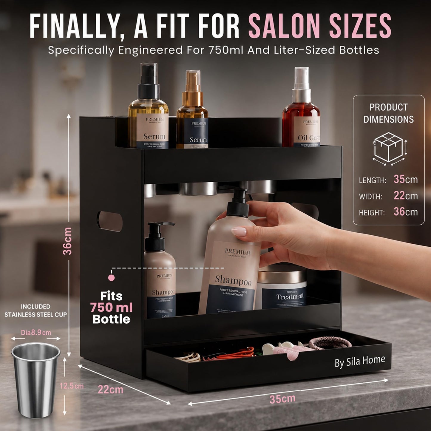 Hair Tool Organizer Countertop Extra Wide Bay | Bathroom & Hot Tools Organizer For Hair | Hairdryer Holder For Bathroom Vanity | Hot Tools Storage for Curling Iron Straightener, 3 Stainless Cups Black