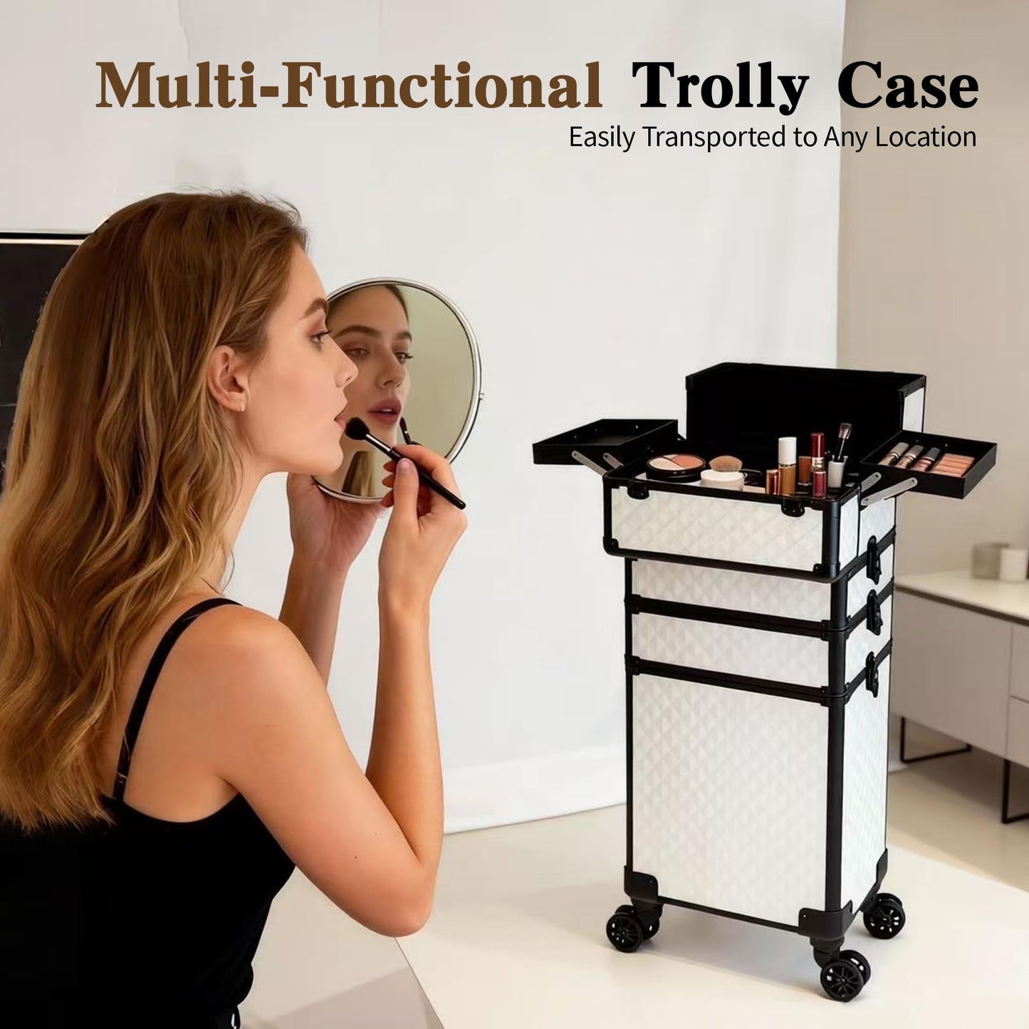 Buanson 5 in 1 Rolling Makeup Train Case on Wheels Large Cosmetic Organizer Travel Cart for Women Beauty Salon Barber Hairstylist White