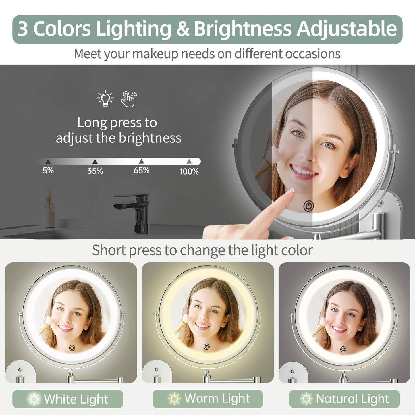 Rechargeable Wall Mounted Lighted Makeup Vanity Mirror 8 inch 1X/20X Magnifying Bathroom Mirror with 3 Color Lights, Double Sided with Dimmable LED Lights, Extended Arm 360° Swivel Extension Mirror