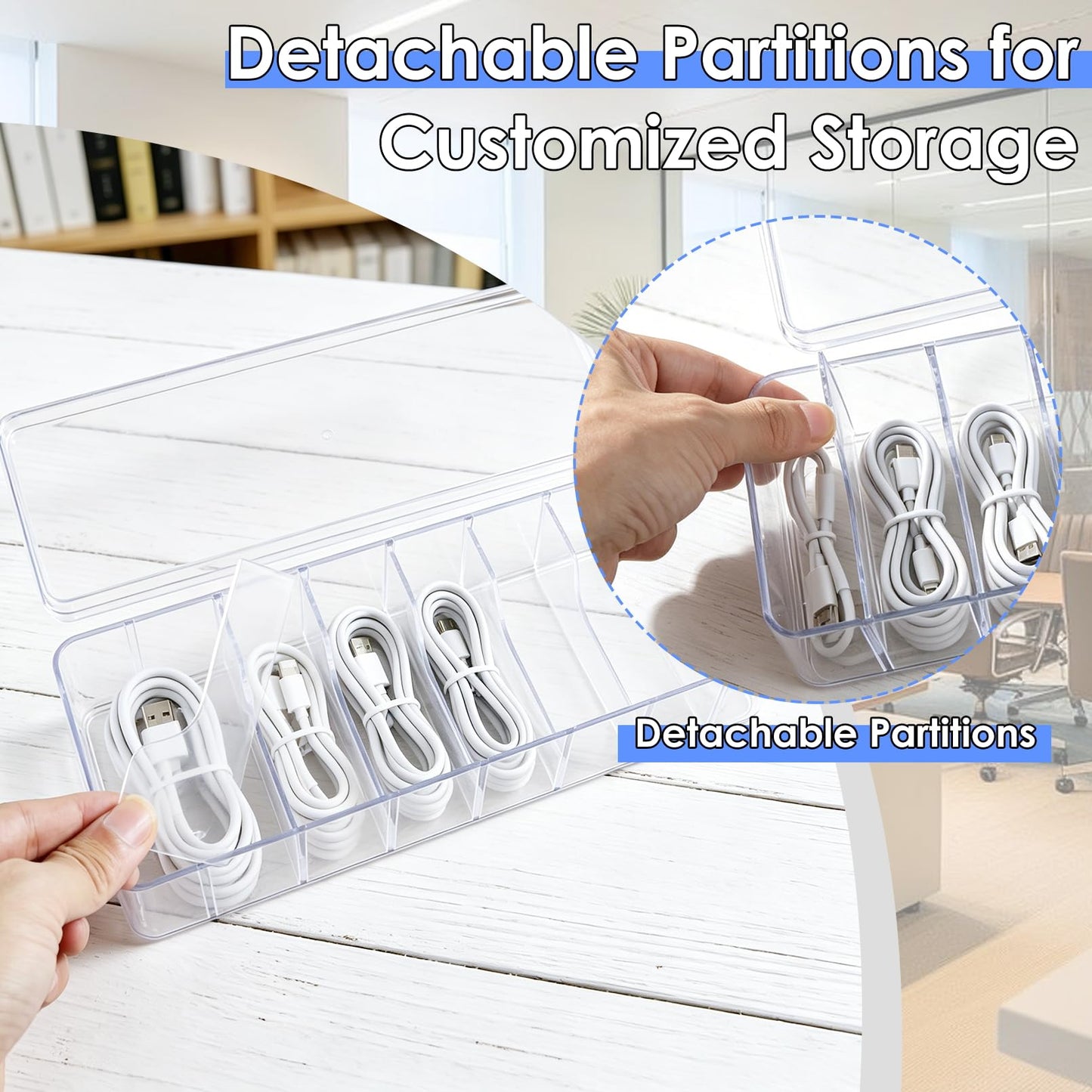 Dyrfolm 3 Pcs Cable Organizer Box with Lid,Clear Plastic Cord Storage Box with 8 Compartments and 21 Wire Ties, Electronics Organizer for Home Office Drawer Desk Accessories