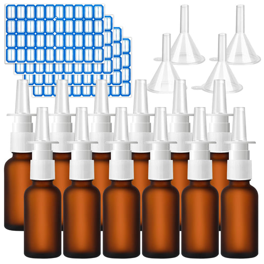 ZHWKMYP 20 Pcs Nasal Spray Bottle, 30ML/1oz 12 Pcs Brown Empty Refillable Matte Glass Nasal Spray Bottle with 4 Funnels and 4 Labels