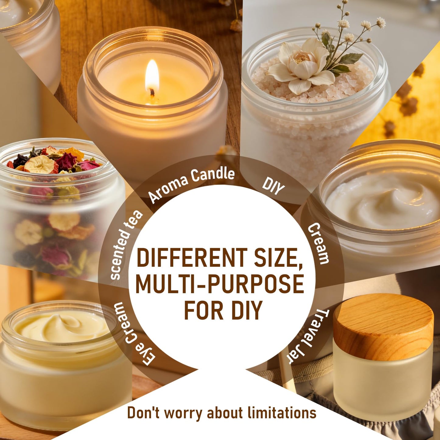6 Pack Glass Cosmetic Jars, Frosted Glass Cosmetic Jars with Woodgrain Lids - 1oz, 2oz, 4oz Refillable Cream Containers, Leakproof Travel Jars for Skincare, Makeup, Lotion