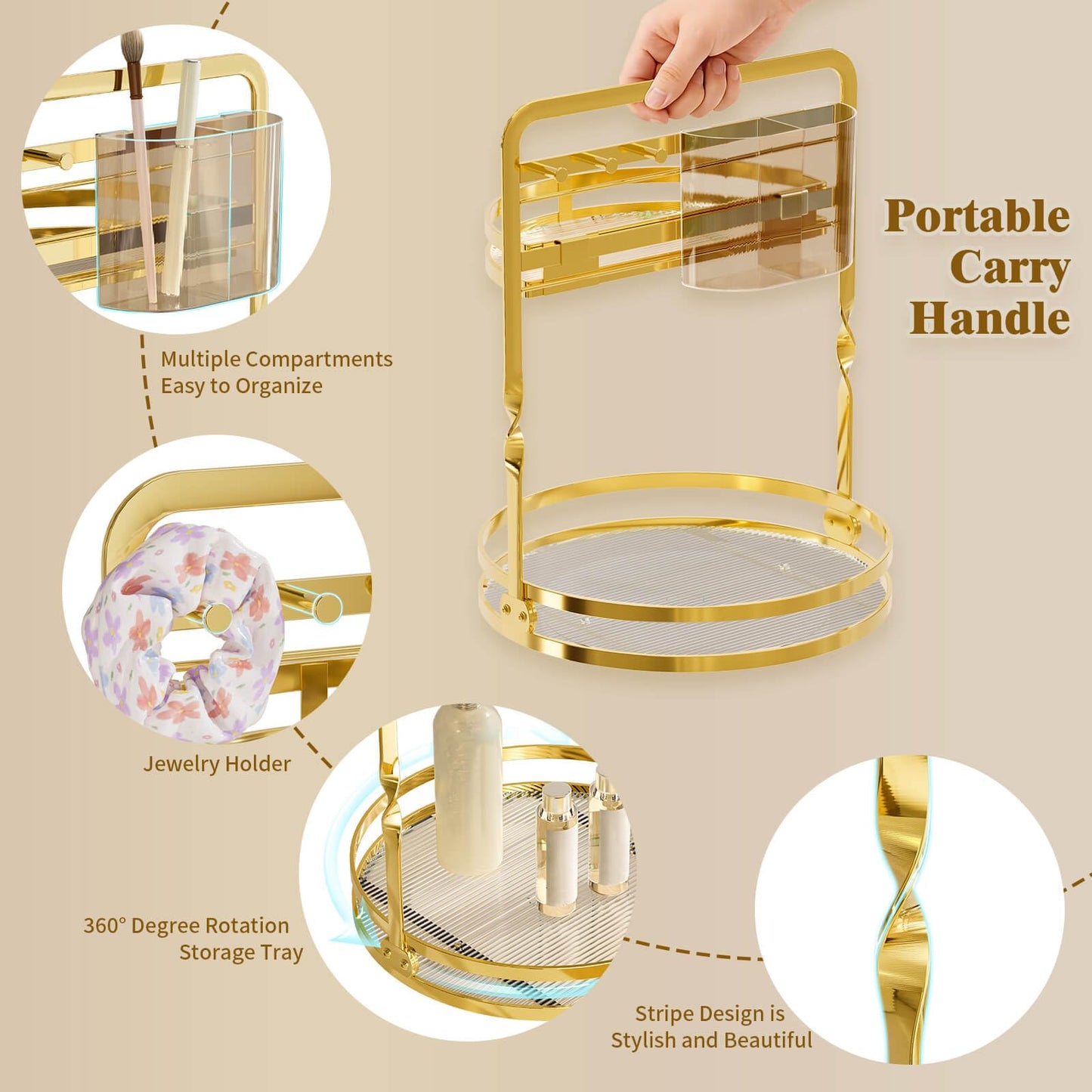 DUANFEE 360° Rotating Makeup Organizer for Vanity, 2-Tier Gold Bathroom Organizer Countertop with Makeup Brush Holder & Jewelry Hooks, Spinning Bathroom Counter Organizer for Perfume Skincare Dresser