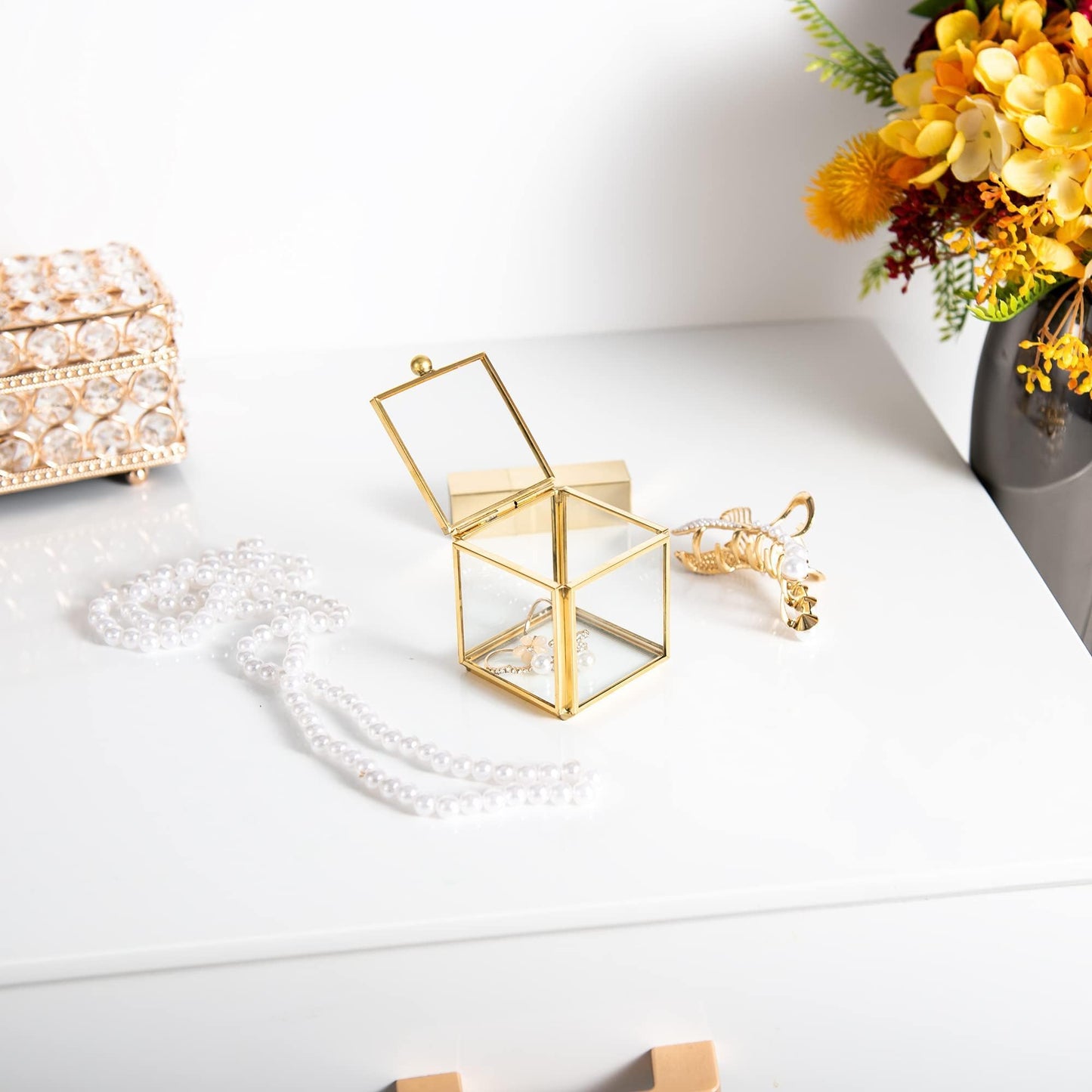 Feyarl Mini Glass Jewelry Trinket Box Ornate Small Ring Earring Display Box Treasure Chest Organizer Tiny Decorative Keepsake Case with Lid for Wedding Home Deco（2.16 x 2.16 x 2.16 Inch)