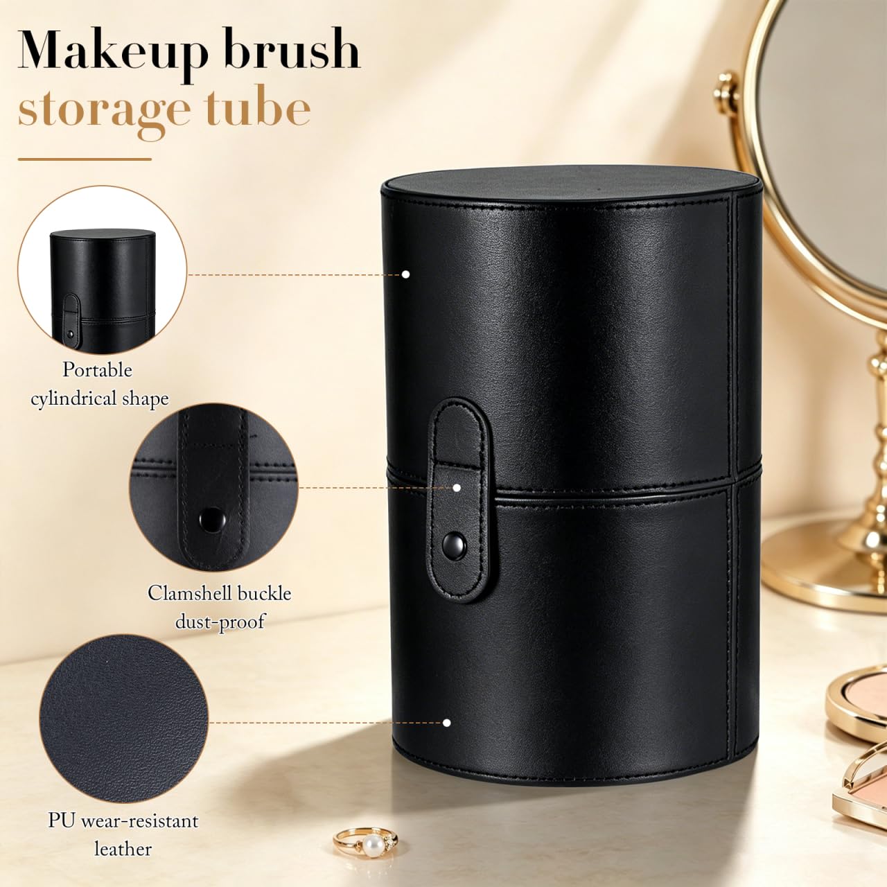 Beaupretty Makeup Brush Holder with Lid Pu Leather Cosmetic Brush Holder Portable Makeup Storage Tube Travel Case 7.91 X 5.19 X 5.19 in