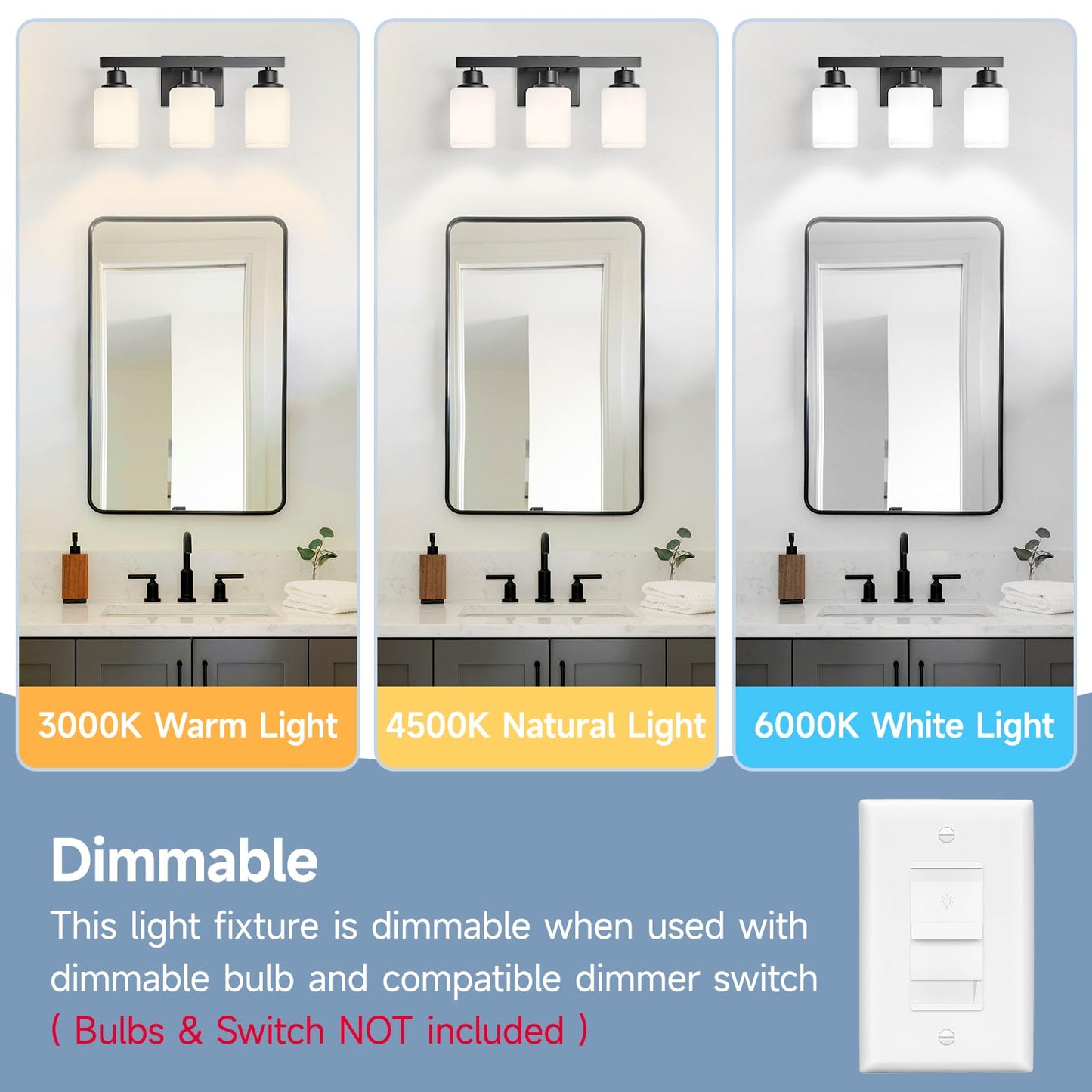 DIKAIDA 3-Light Bathroom Vanity Light,Modern Matte Black Bathroom Light Fixtures with Square Frosted Glass,Wall Sconces Lighting fixtures Over Mirror Restroom, Living Room Hallway
