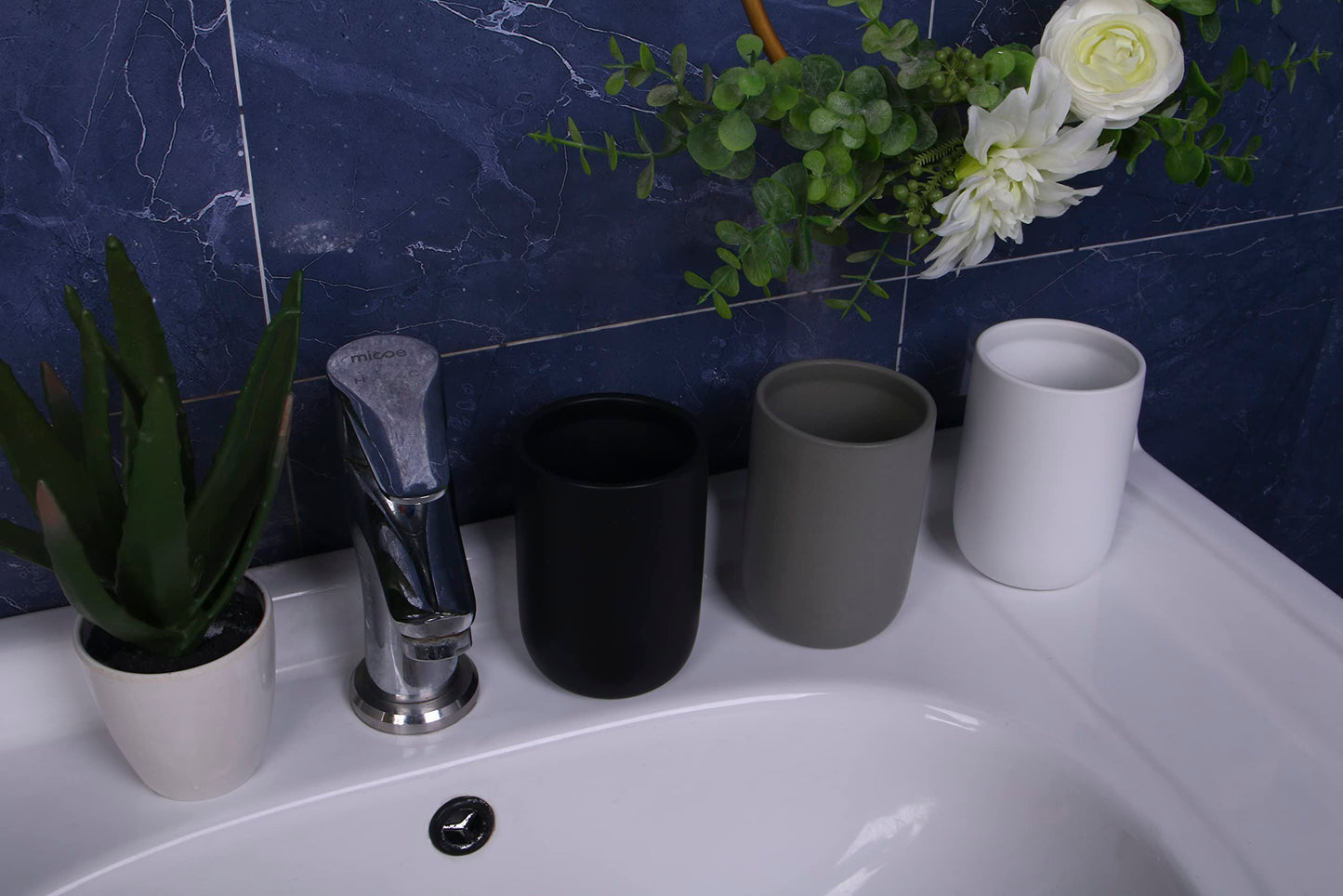 CAZAGA Ceramic Toothbrush Holders for Bathrooms, 8 oz Matte Tooth Brushing Dispenser, Small Tooth Brush Organizer for Vanity Countertop, Toothpaste Storage Stand, Tumbler Cup for Makeup Brushes-Black